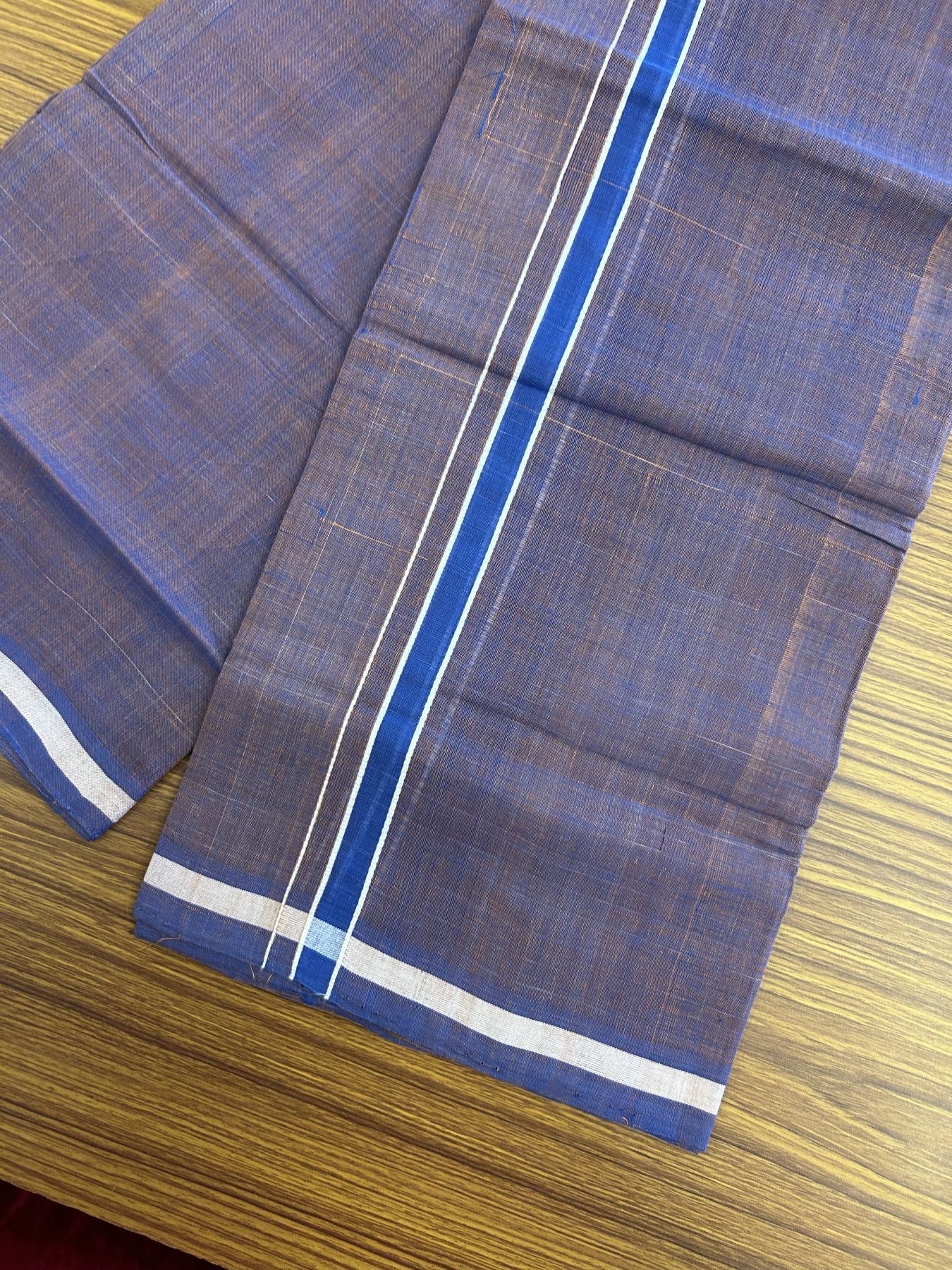 Kerala Handloom Single Hallmarked - 10% Discount !! KaithariKada 100% Pure Cotton - Mundu/Dhoti Brick Red & Blue Body - 1.5 cm Blue & white Stripes Kara - (2 meter / 4 muzham) - 45 KK8048 ELA