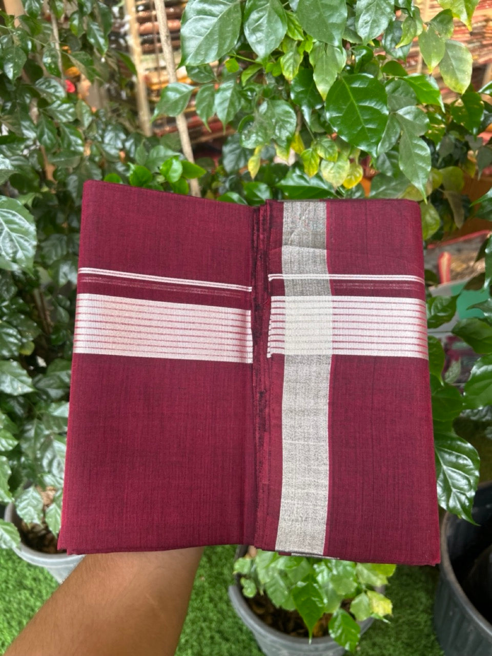 25% Discount! KaithariKada Handloom Unakkupaav Balaramapuram - 100% Cotton Double Mundu/Dhoti - Dark Maroon Colour Body - 1.75 inch Silver Kasavu Striped Kara - 30 KK5301 ABH