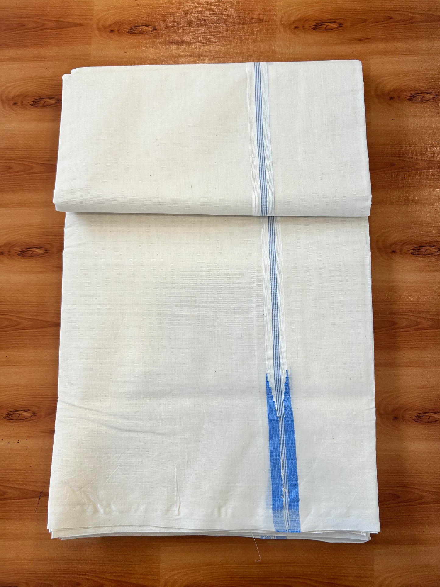 Double Off white Mundu/Dhoti - 20% Discount! KaithariKada - 100% Cotton 100x100 - 0.75 inch Puliyilakkara Light Blue Chutty Kara 4 mtr (8.5 muzham) - 14 KK5450 ASH