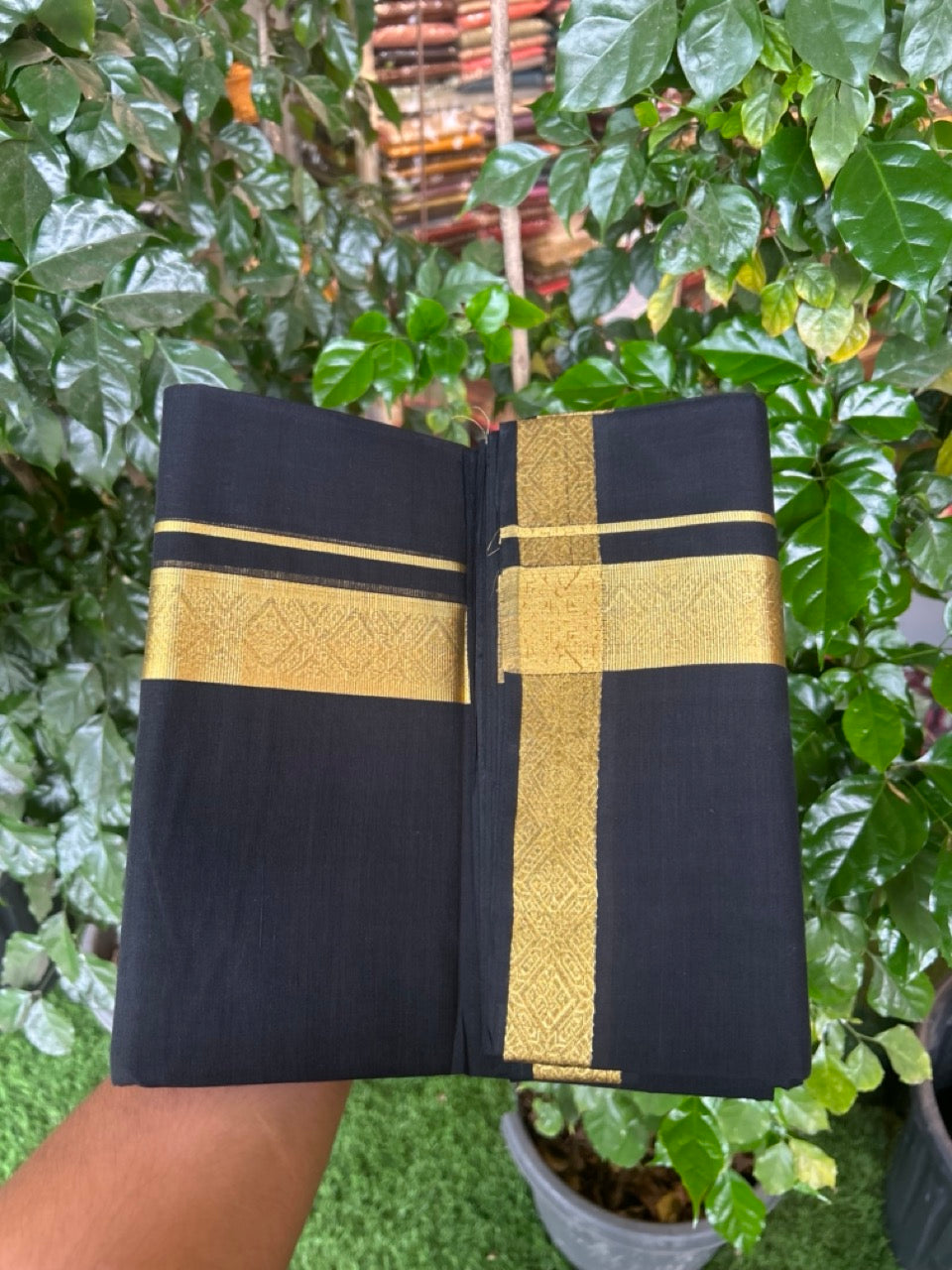 25% Discount! KaithariKada Handloom Unakkupaav Balaramapuram - 100% Cotton Double Mundu/Dhoti - Black Colour Body - 1.75 inch Gold Kasavu Jacquard Design Kara - 28 KK5301 ABH