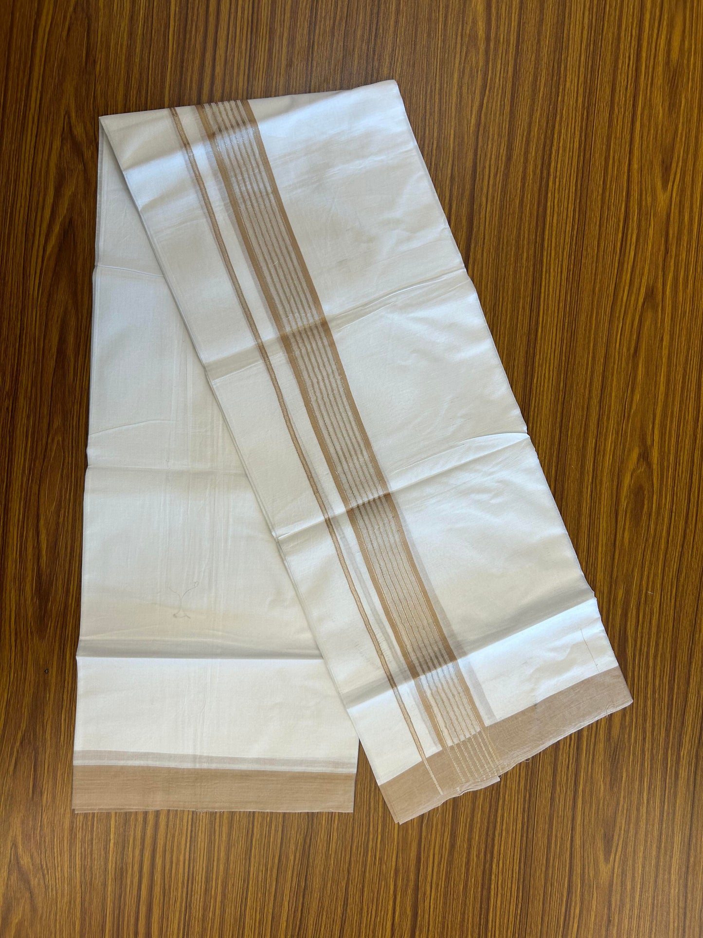 20% Discount ! KaithariKada Balaramapuram 100% Cotton Double Pure White Mundu/Dhoti - 100X80 - 1.25 inch Silver Kasav & Sand Brown Shaded Stripes kara 4.00 mtr (8.5 muzham) - 48 KK5361 PMC