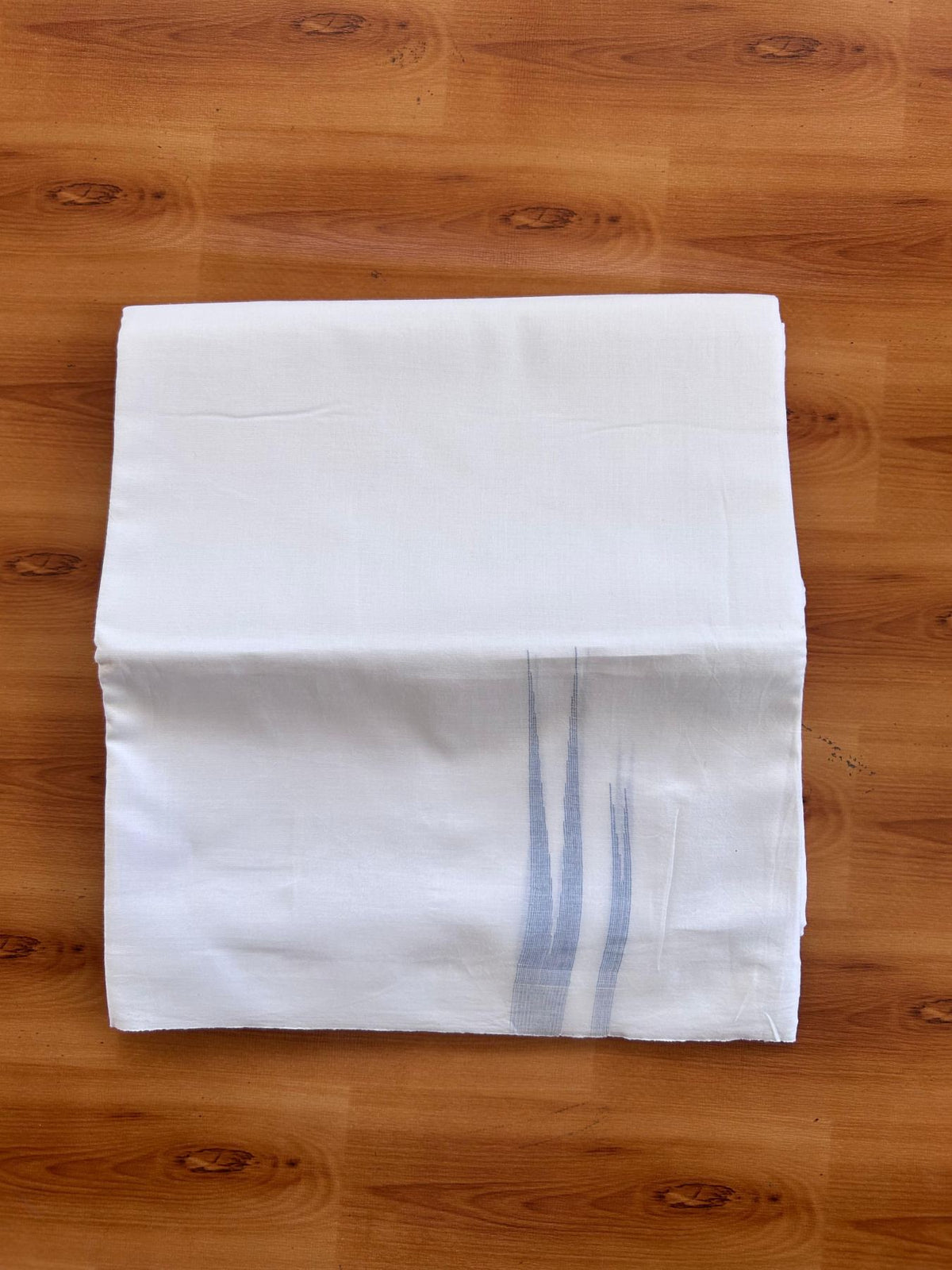 Double Pure White Mundu/Dhoti - 20% Discount !! KaithariKada Balaramapuram 100% Cotton - 100x80 - 0.75 inch Sky Blue Striped Double Chutty Kara 3.90 mtr (8 muzham) - 20 KK5515 CKS