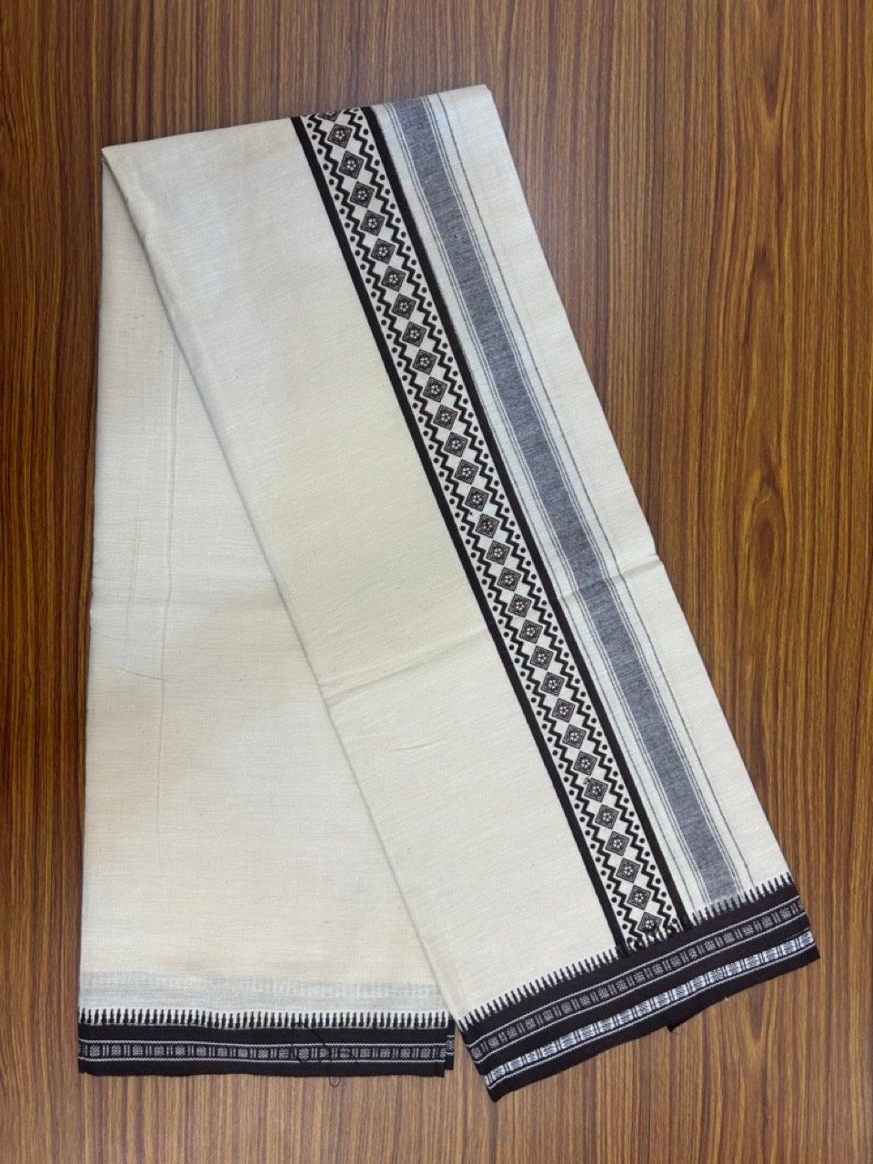 12% Discount !! Kaitharikada Pure Cotton Single OFF WHITE - (Unbleached) Kaily / Lungi - 3.25 inch Dark Brown Striped Printed kara Kuppadam Border with OFF WHITE colour body (2 meter / 4 muzham)- 26KK8019AS