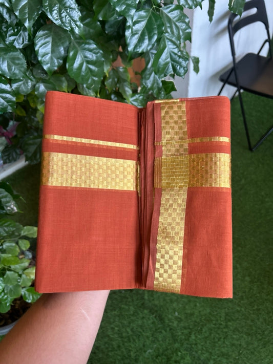 25% Discount! KaithariKada Handloom Unakkupaav Balaramapuram - 100% Cotton Double Mundu/Dhoti - Orange Brown Colour Body - 1.75 inch Gold Kasavu Jacquard Design Kara - 32 KK5301 ABH