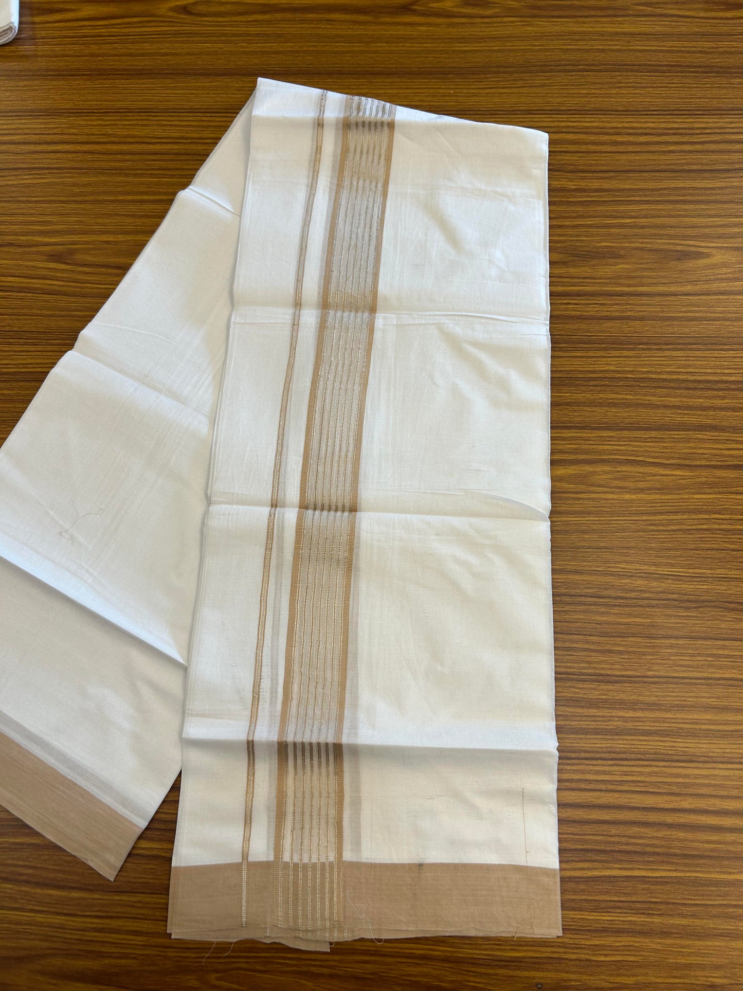 20% Discount ! KaithariKada Balaramapuram 100% Cotton Double Pure White Mundu/Dhoti - 100X80 - 1.25 inch Silver Kasav & Sand Brown Shaded Stripes kara 4.00 mtr (8.5 muzham) - 48 KK5361 PMC