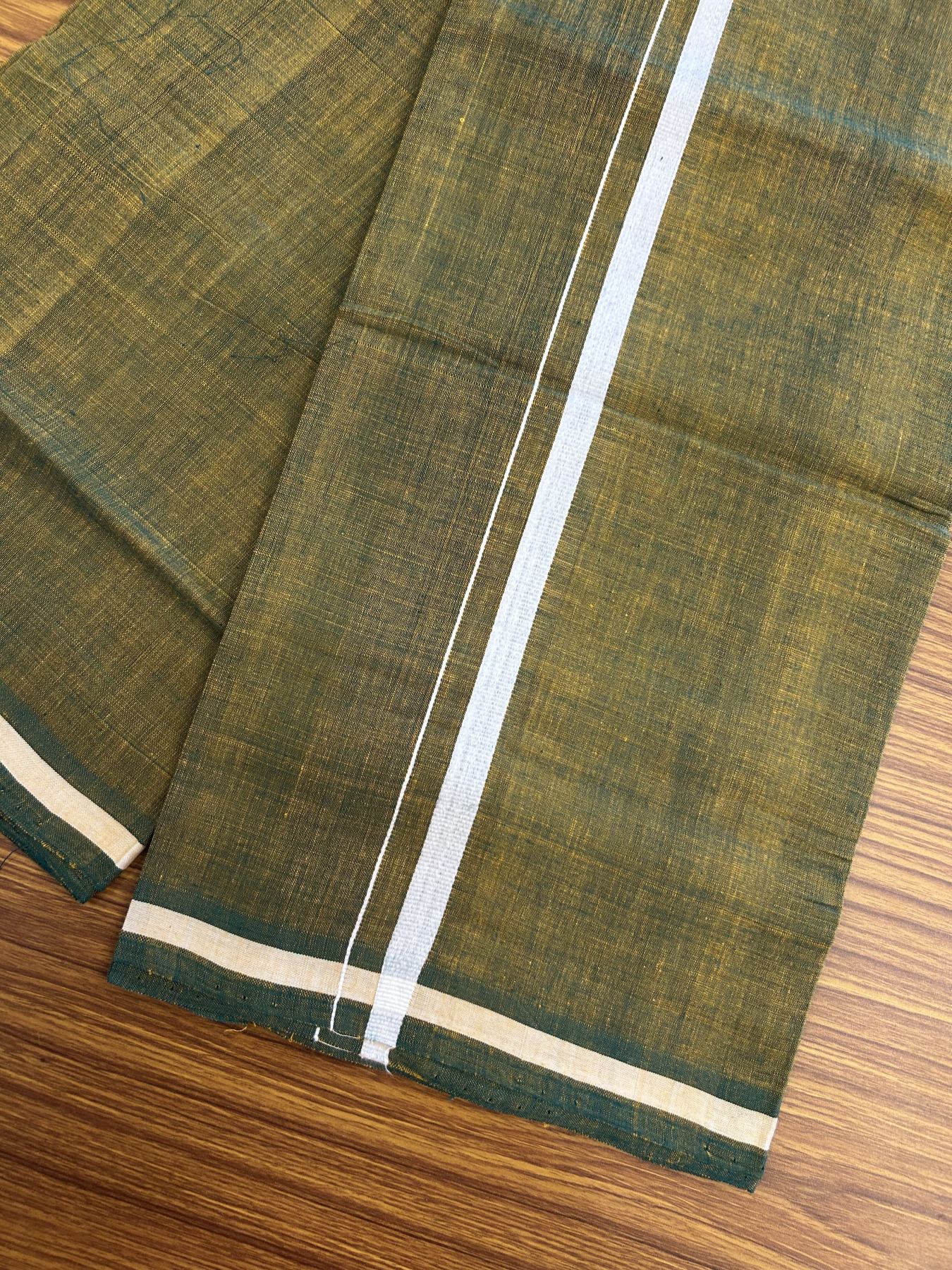 Kerala Handloom Single Hallmarked - 10% Discount !! KaithariKada 100% Pure Cotton - Mundu/Dhoti Orange Green Body - 1.5 cm White Kara - (2 meter / 4 muzham) - 53 KK8048 ELA