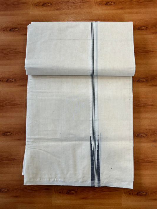 Double Off white Mundu/Dhoti - 20% Discount! KaithariKada - 100% Cotton 100x100 - 0.75 inch Puliyilakkara Black Chutty Kara 4 mtr (8.5 muzham) - 13 KK5450 ASH