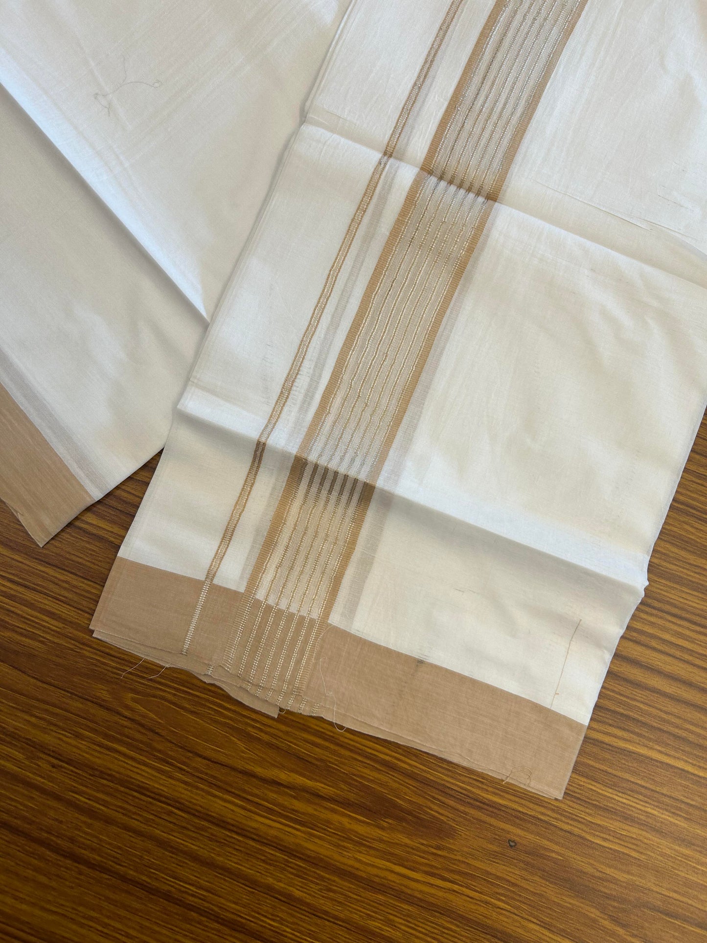 20% Discount ! KaithariKada Balaramapuram 100% Cotton Double Pure White Mundu/Dhoti - 100X80 - 1.25 inch Silver Kasav & Sand Brown Shaded Stripes kara 4.00 mtr (8.5 muzham) - 48 KK5361 PMC