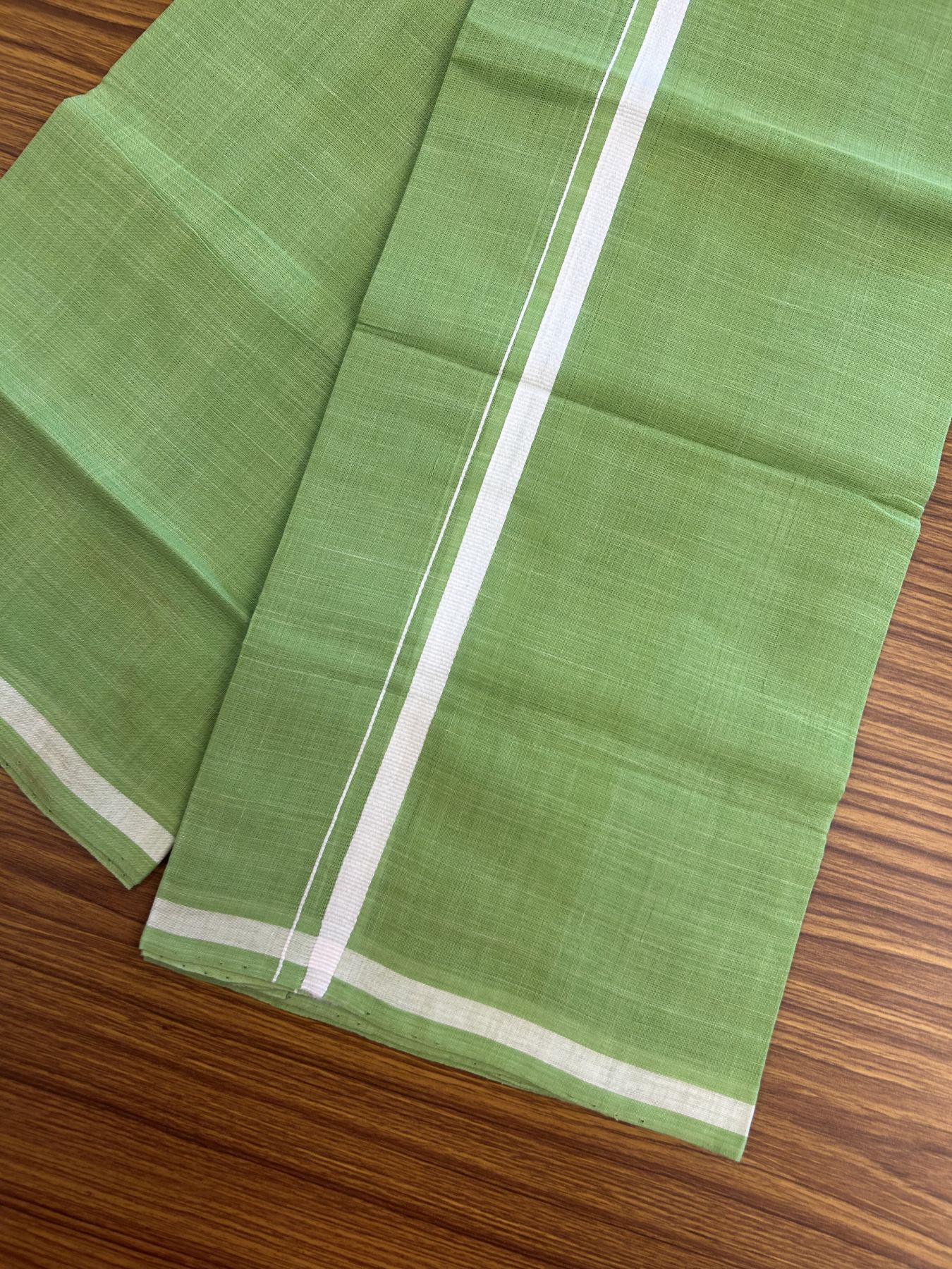 Kerala Handloom Single Hallmarked - 10% Discount !! KaithariKada 100% Pure Cotton - Mundu/Dhoti Parrot Green Body - 0.5 inch White Kara - (2 meter / 4 muzham) - 30 KK8048 ELA