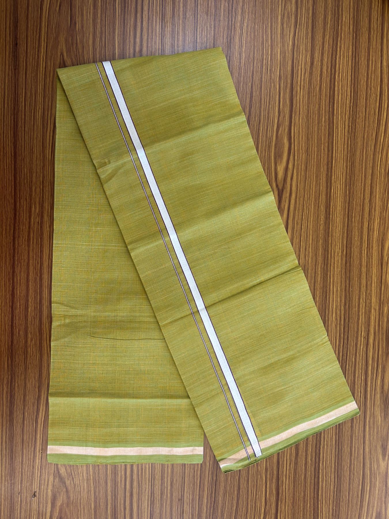 Kerala Handloom Single Hallmarked - 10% Discount !! KaithariKada 100% Pure Cotton - Mundu/Dhoti Orange & Parrot Green Body - 0.5 inch White & Purple Stripes Kara - (2 meter / 4 muzham) - 29 KK8048 ELA