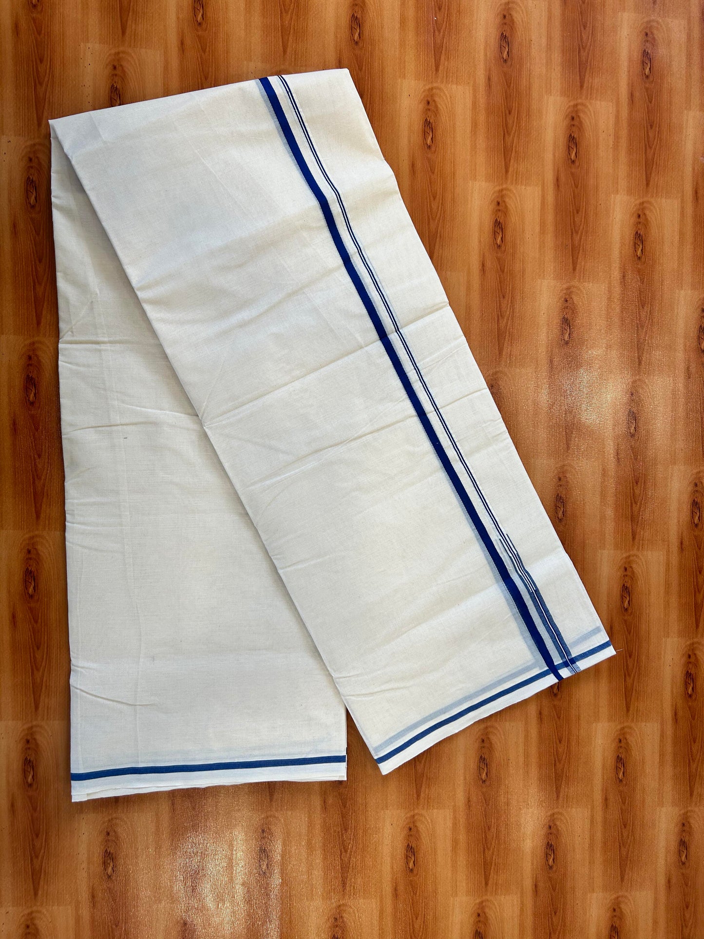 Double Off white Mundu/Dhoti - 20% Discount! KaithariKada - 100% Cotton 100x100 - 1 cm Puliyilakkara Blue Chutty Kara 4 mtr (8.5 muzham) - 18 KK5450 ASH