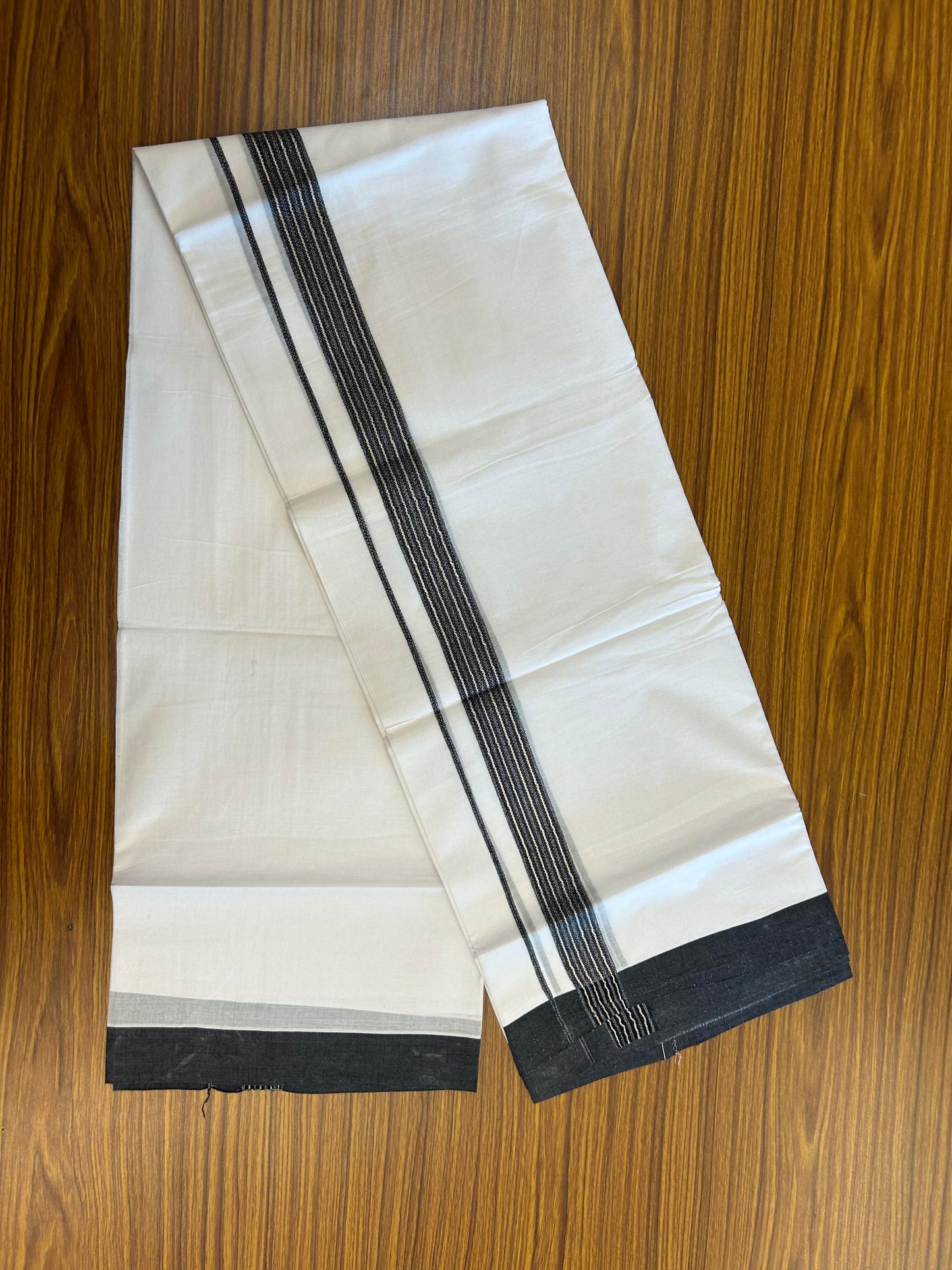 20% Discount ! KaithariKada Balaramapuram 100% Cotton Double Pure White Mundu/Dhoti - 100X80 - 1.25 inch Silver Kasav & Black Shaded Stripes kara 3.90 mtr (8 muzham) - 49 KK5361 PMC