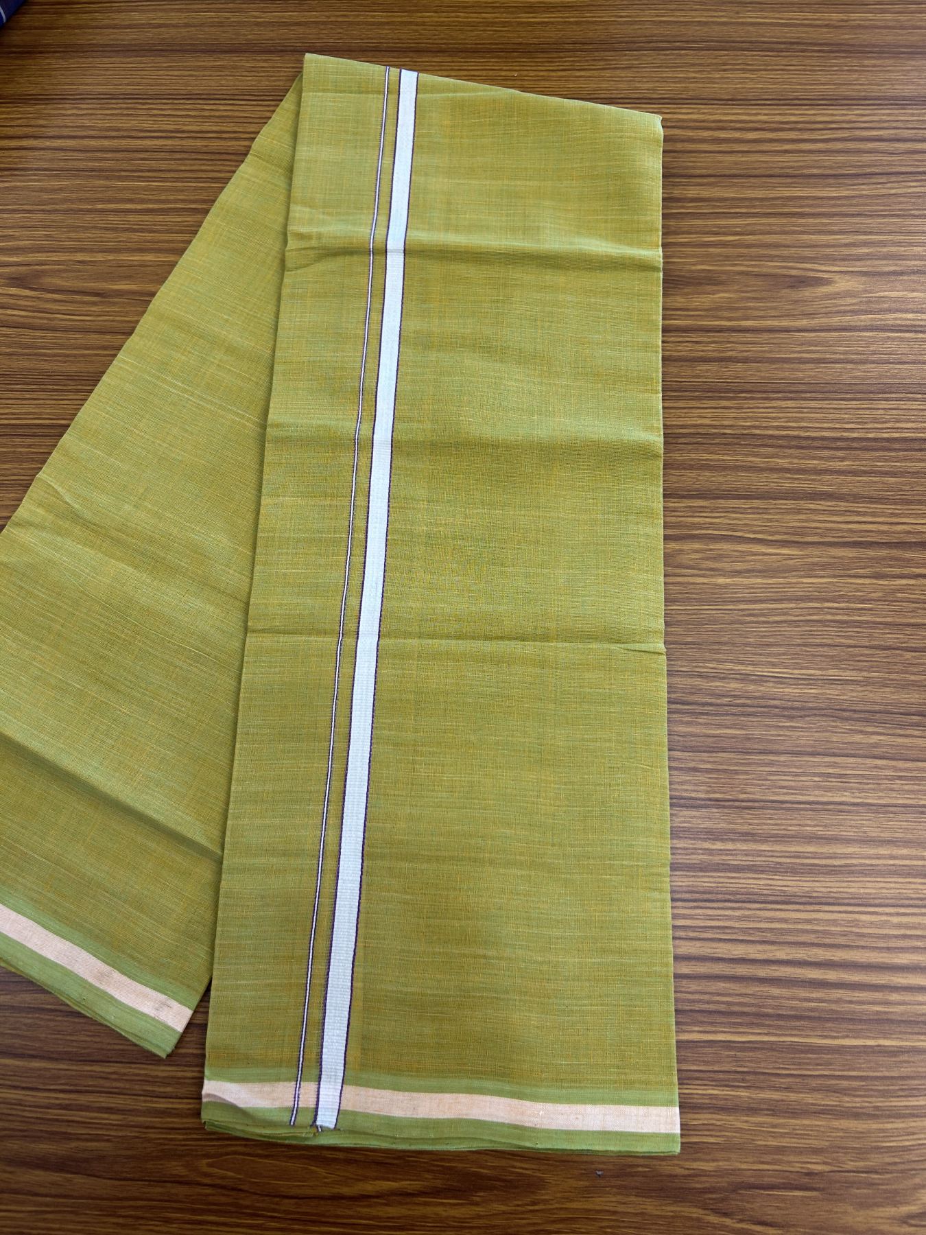 Kerala Handloom Single Hallmarked - 10% Discount !! KaithariKada 100% Pure Cotton - Mundu/Dhoti Orange & Parrot Green Body - 0.5 inch White & Purple Stripes Kara - (2 meter / 4 muzham) - 29 KK8048 ELA