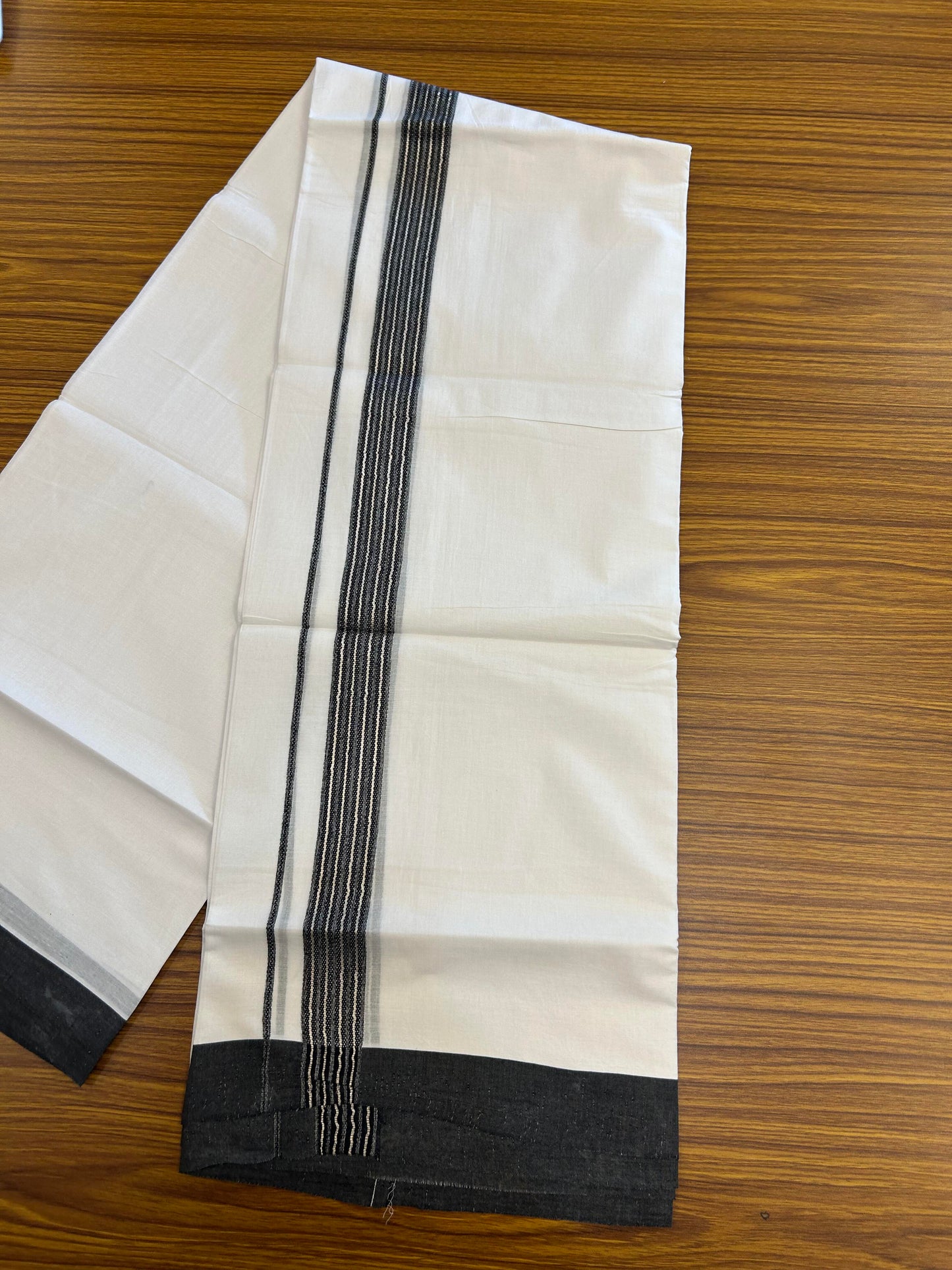 20% Discount ! KaithariKada Balaramapuram 100% Cotton Double Pure White Mundu/Dhoti - 100X80 - 1.25 inch Silver Kasav & Black Shaded Stripes kara 3.90 mtr (8 muzham) - 49 KK5361 PMC