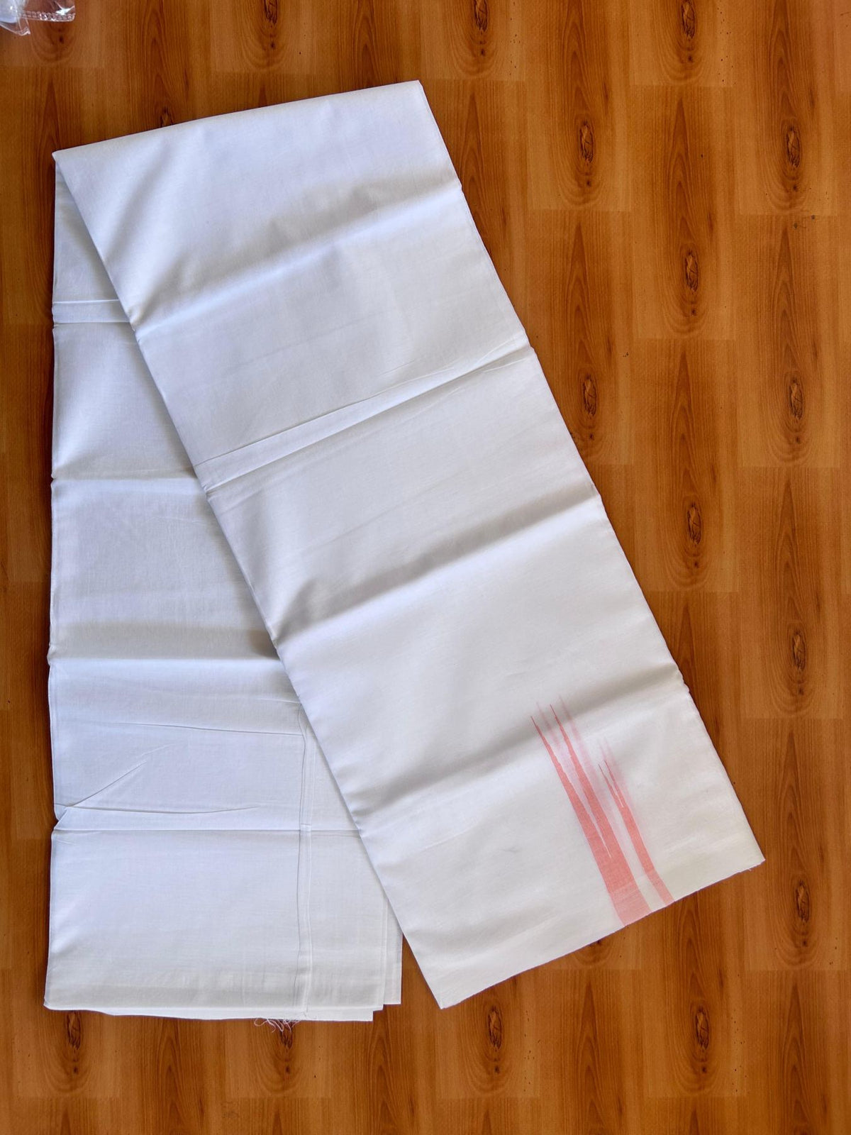 Double Pure White Mundu/Dhoti - 20% Discount !! KaithariKada Balaramapuram 100% Cotton - 100x80 - 0.75 inch Neon Peach Orange Striped Double Chutty Kara 3.90 mtr (8 muzham) - 21 KK5515 CKS