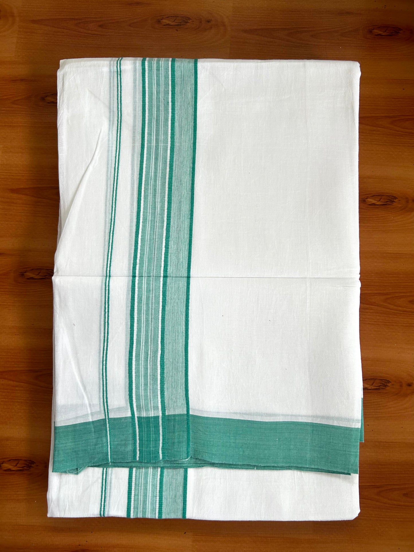 Double Pure White Mundu/Dhoti -20% Discount ! KaithariKada Balaramapuram 100% Cotton - 60s - 1.75 Inch Turquoise Shaded Striped Kara - 3.80mtr ( 8 muzham) - 48 KK5398 PMC