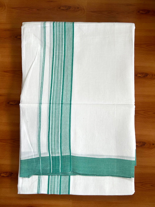 Double Pure White Mundu/Dhoti -20% Discount ! KaithariKada Balaramapuram 100% Cotton - 60s - 1.75 Inch Turquoise Shaded Striped Kara - 3.80mtr ( 8 muzham) - 48 KK5398 PMC