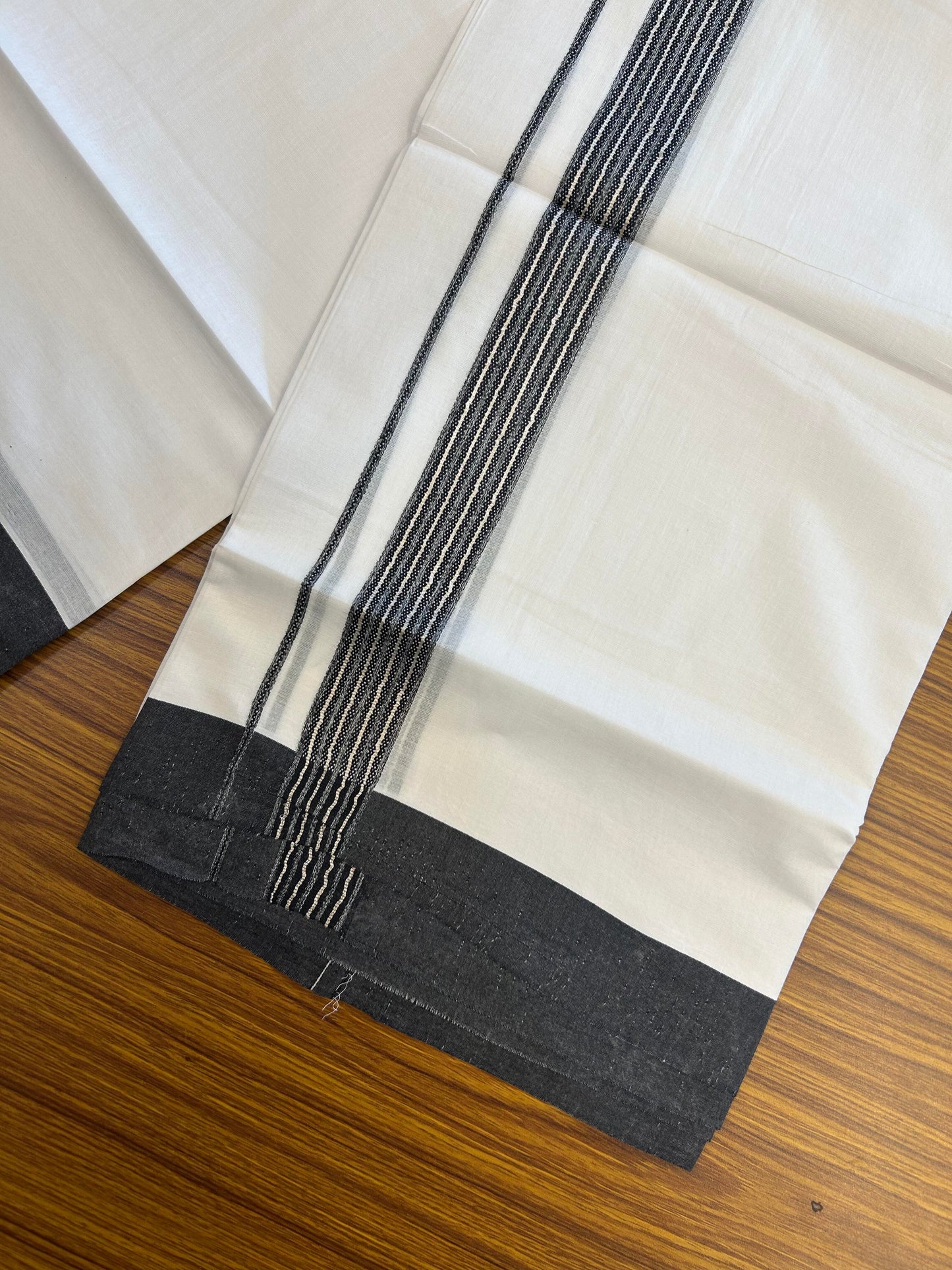 20% Discount ! KaithariKada Balaramapuram 100% Cotton Double Pure White Mundu/Dhoti - 100X80 - 1.25 inch Silver Kasav & Black Shaded Stripes kara 3.90 mtr (8 muzham) - 49 KK5361 PMC