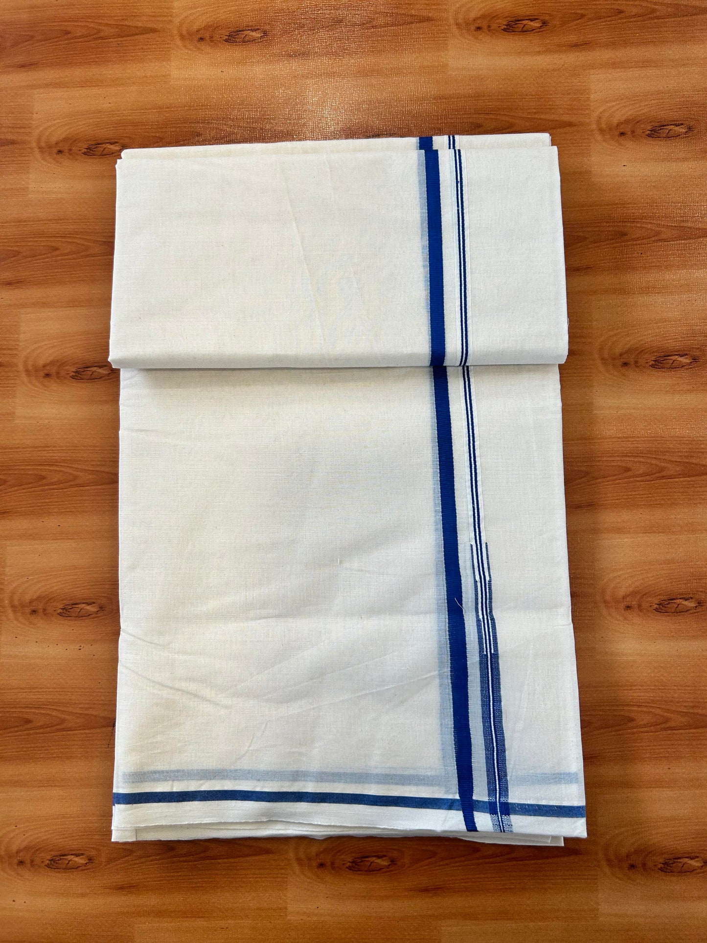 Double Off white Mundu/Dhoti - 20% Discount! KaithariKada - 100% Cotton 100x100 - 1 cm Puliyilakkara Blue Chutty Kara 4 mtr (8.5 muzham) - 18 KK5450 ASH