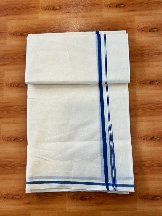 Double Off white Mundu/Dhoti - 20% Discount! KaithariKada - 100% Cotton 100x100 - 1 cm Puliyilakkara Blue Chutty Kara 4 mtr (8.5 muzham) - 18 KK5450 ASH