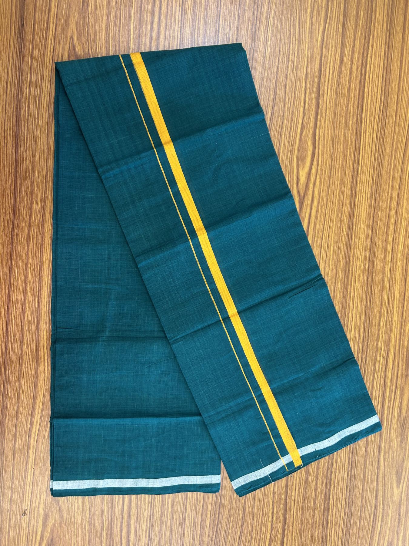 Kerala Handloom Single Hallmarked - 10% Discount !! KaithariKada 100% Pure Cotton - Mundu/Dhoti Pine Green Body - 1 inch Orange Kara - (2 meter / 4 muzham) - 48 KK8048 ELA