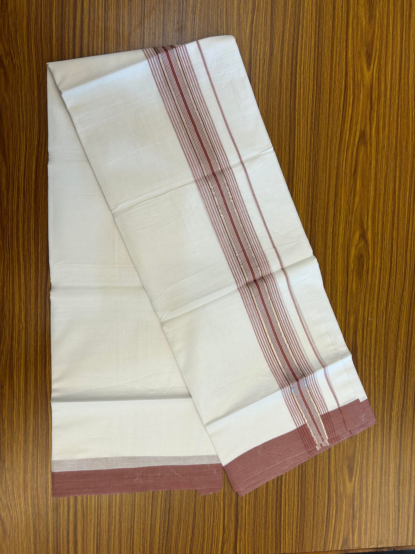 20% Discount ! KaithariKada Balaramapuram 100% Cotton Double Pure White Mundu/Dhoti - 100X80 - 2.25 inch Silver Kasav & Dusty Rose Stripes kara 3.90 mtr (8 muzham) - 3 KK5361 PMC