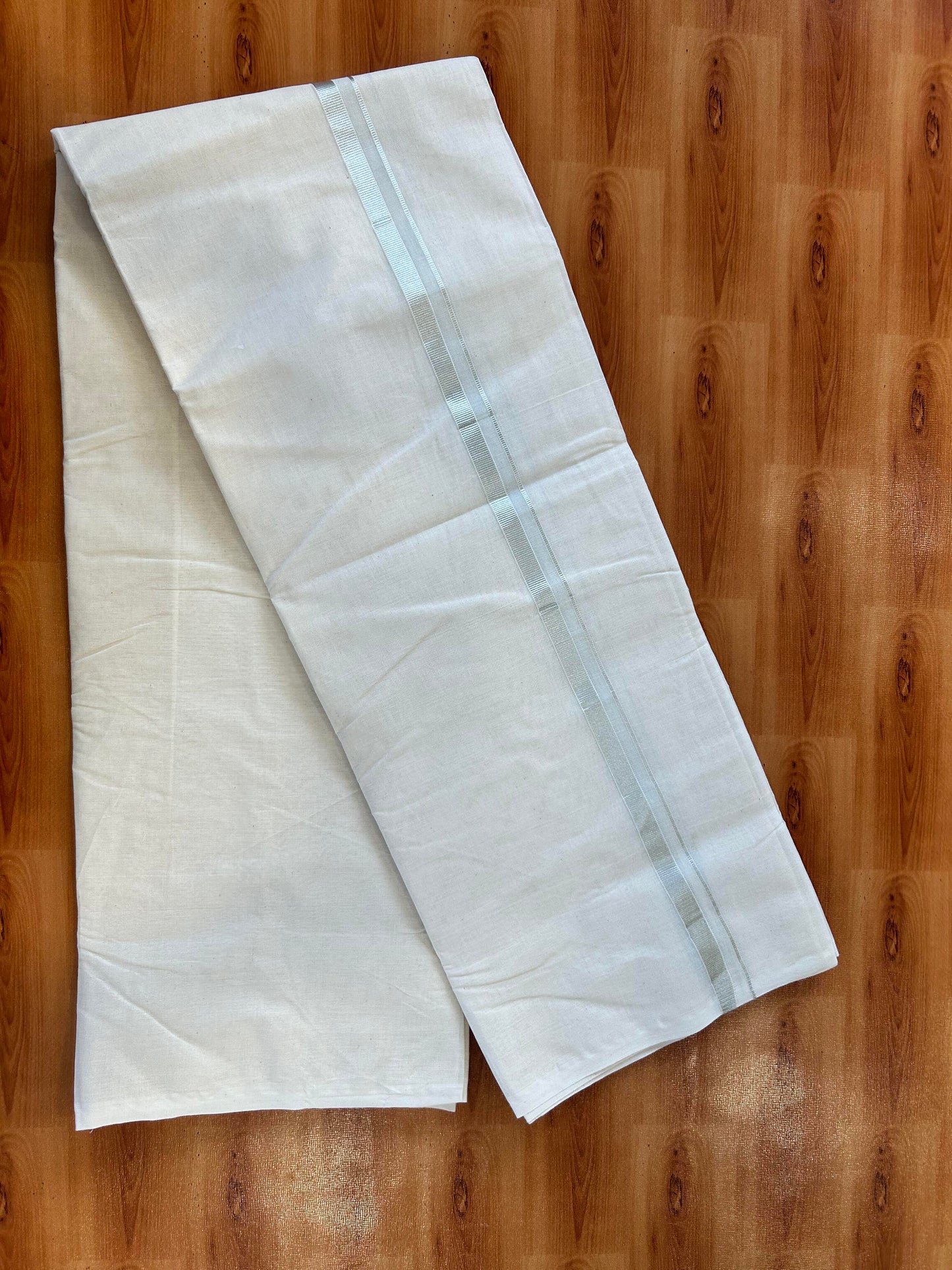 Double Off white Mundu/Dhoti - 20% Discount! KaithariKada 100% Cotton - 100x80 - 0.5 inch Silver Kasav Kara 3.75 mtr (8 muzham) - 12 KK5450 ASH