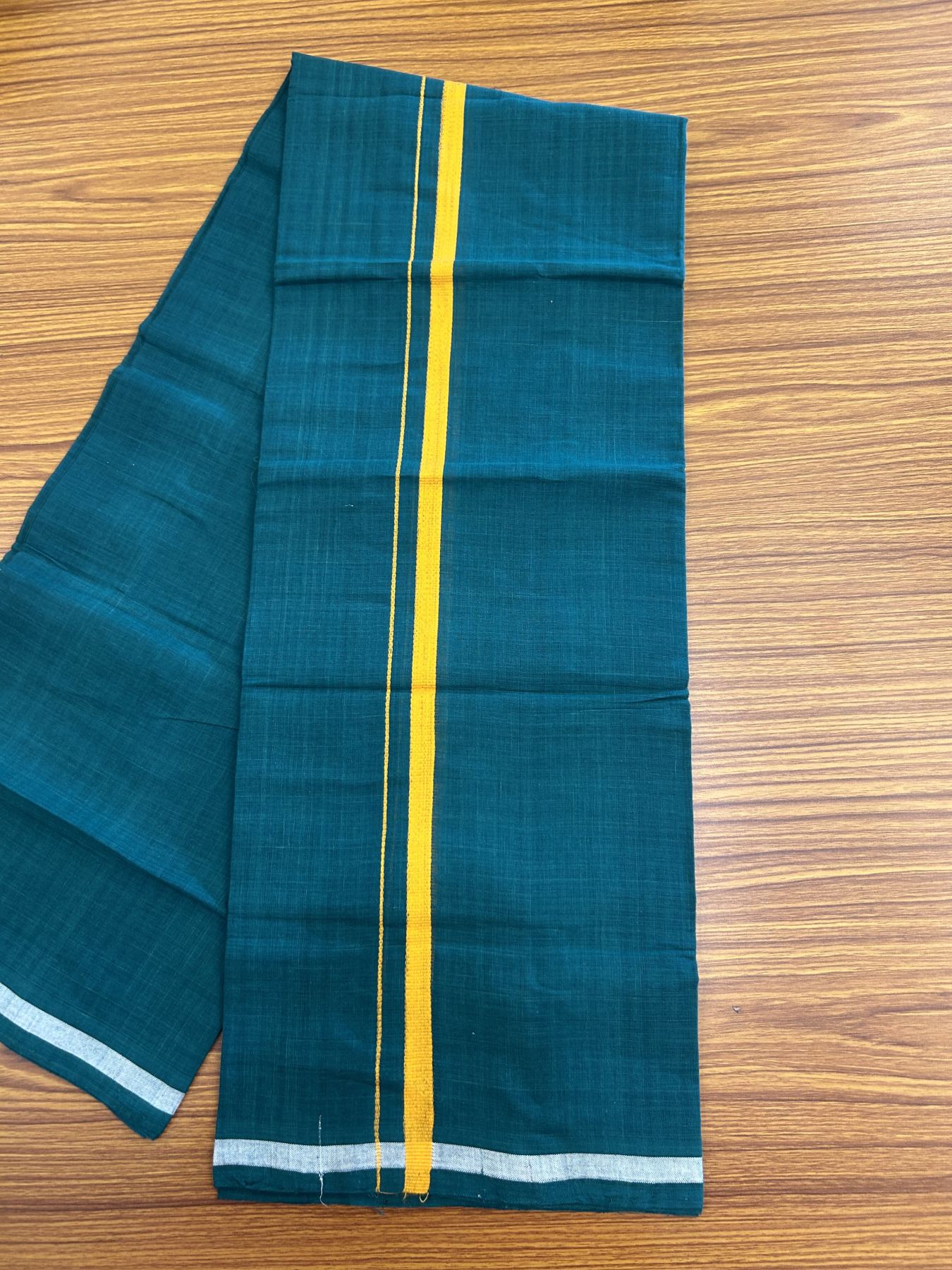 Kerala Handloom Single Hallmarked - 10% Discount !! KaithariKada 100% Pure Cotton - Mundu/Dhoti Pine Green Body - 1 inch Orange Kara - (2 meter / 4 muzham) - 48 KK8048 ELA