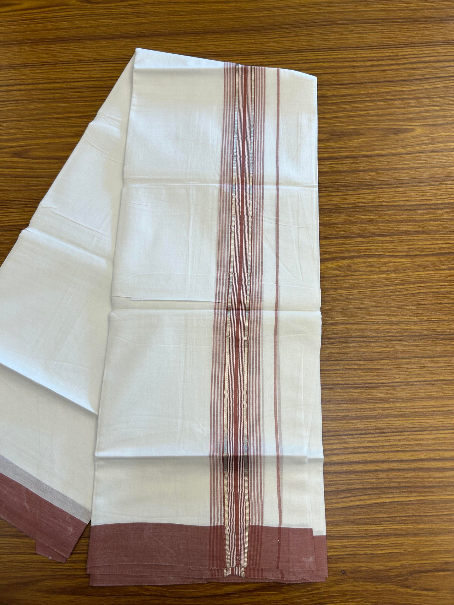20% Discount ! KaithariKada Balaramapuram 100% Cotton Double Pure White Mundu/Dhoti - 100X80 - 2.25 inch Silver Kasav & Dusty Rose Stripes kara 3.90 mtr (8 muzham) - 3 KK5361 PMC