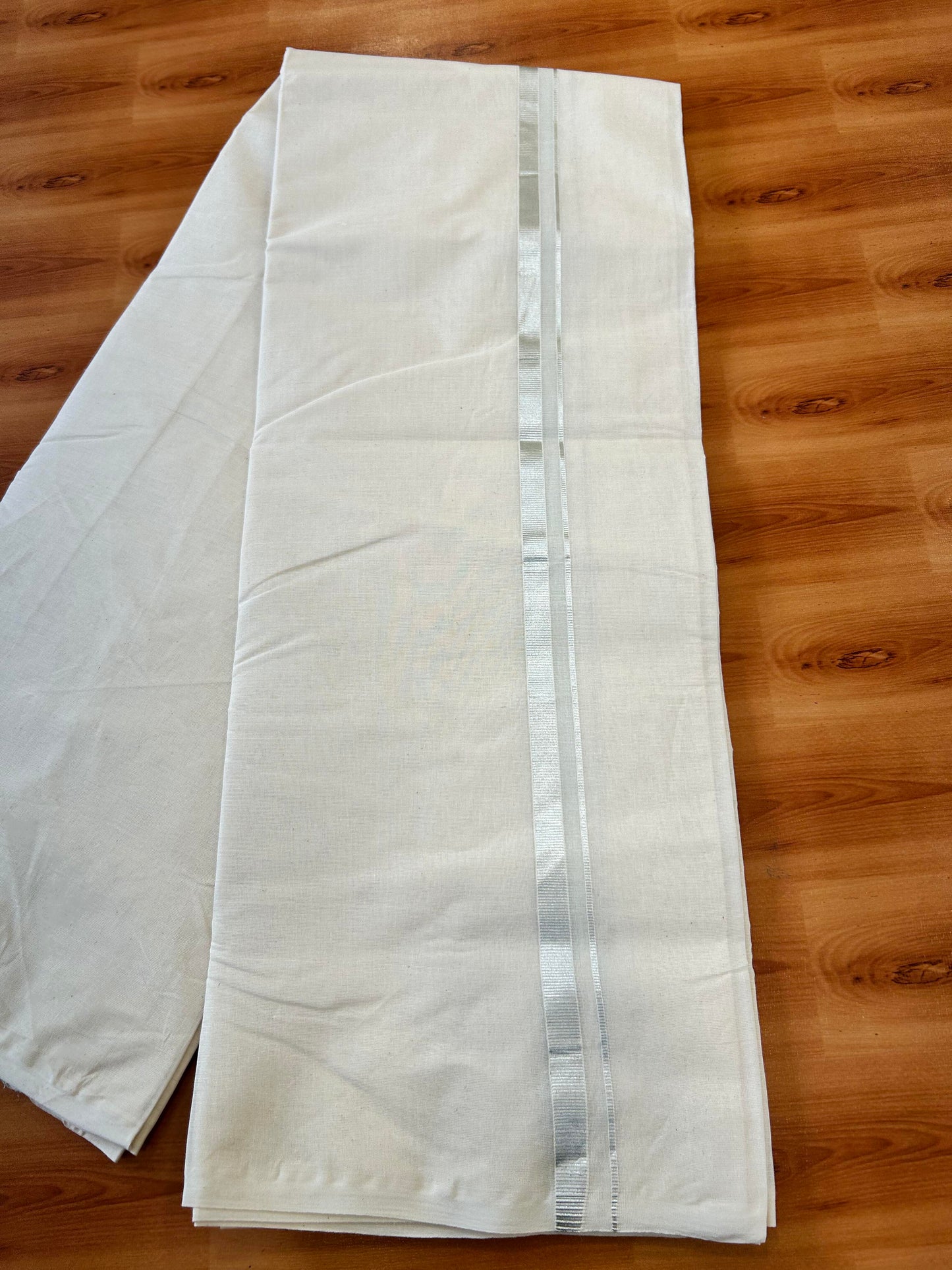 Double Off white Mundu/Dhoti - 20% Discount! KaithariKada 100% Cotton - 100x80 - 0.5 inch Silver Kasav Kara 3.75 mtr (8 muzham) - 12 KK5450 ASH
