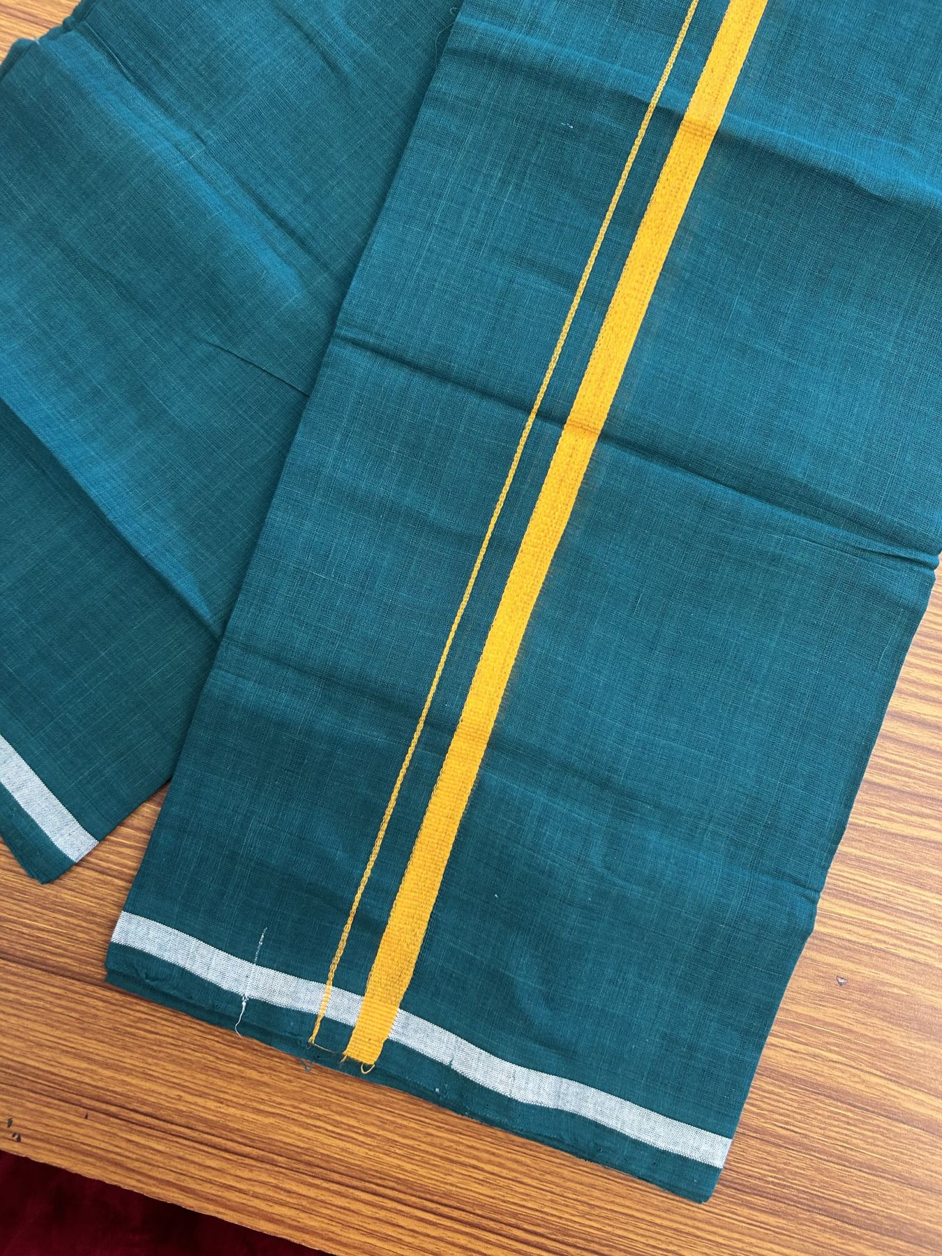 Kerala Handloom Single Hallmarked - 10% Discount !! KaithariKada 100% Pure Cotton - Mundu/Dhoti Pine Green Body - 1 inch Orange Kara - (2 meter / 4 muzham) - 48 KK8048 ELA