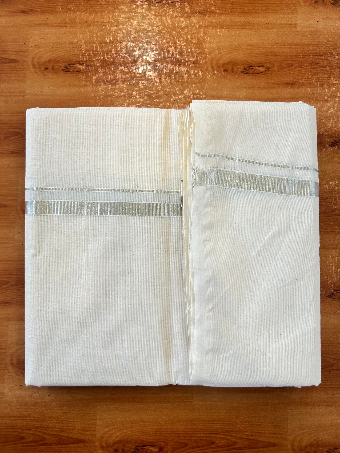 Double Off white Mundu/Dhoti - 20% Discount! KaithariKada 100% Cotton - 100x80 - 0.5 inch Silver Kasav Kara 3.75 mtr (8 muzham) - 12 KK5450 ASH