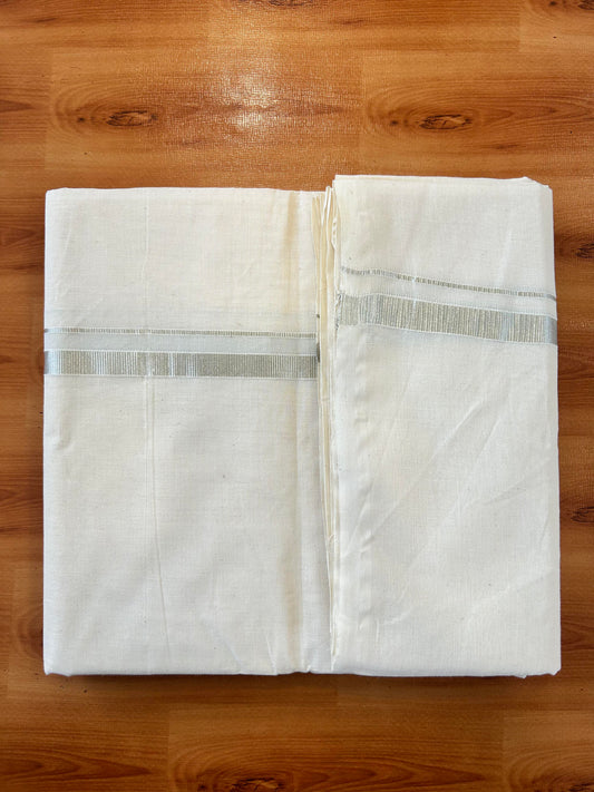 Double Off white Mundu/Dhoti - 20% Discount! KaithariKada 100% Cotton - 100x80 - 0.5 inch Silver Kasav Kara 3.75 mtr (8 muzham) - 12 KK5450 ASH