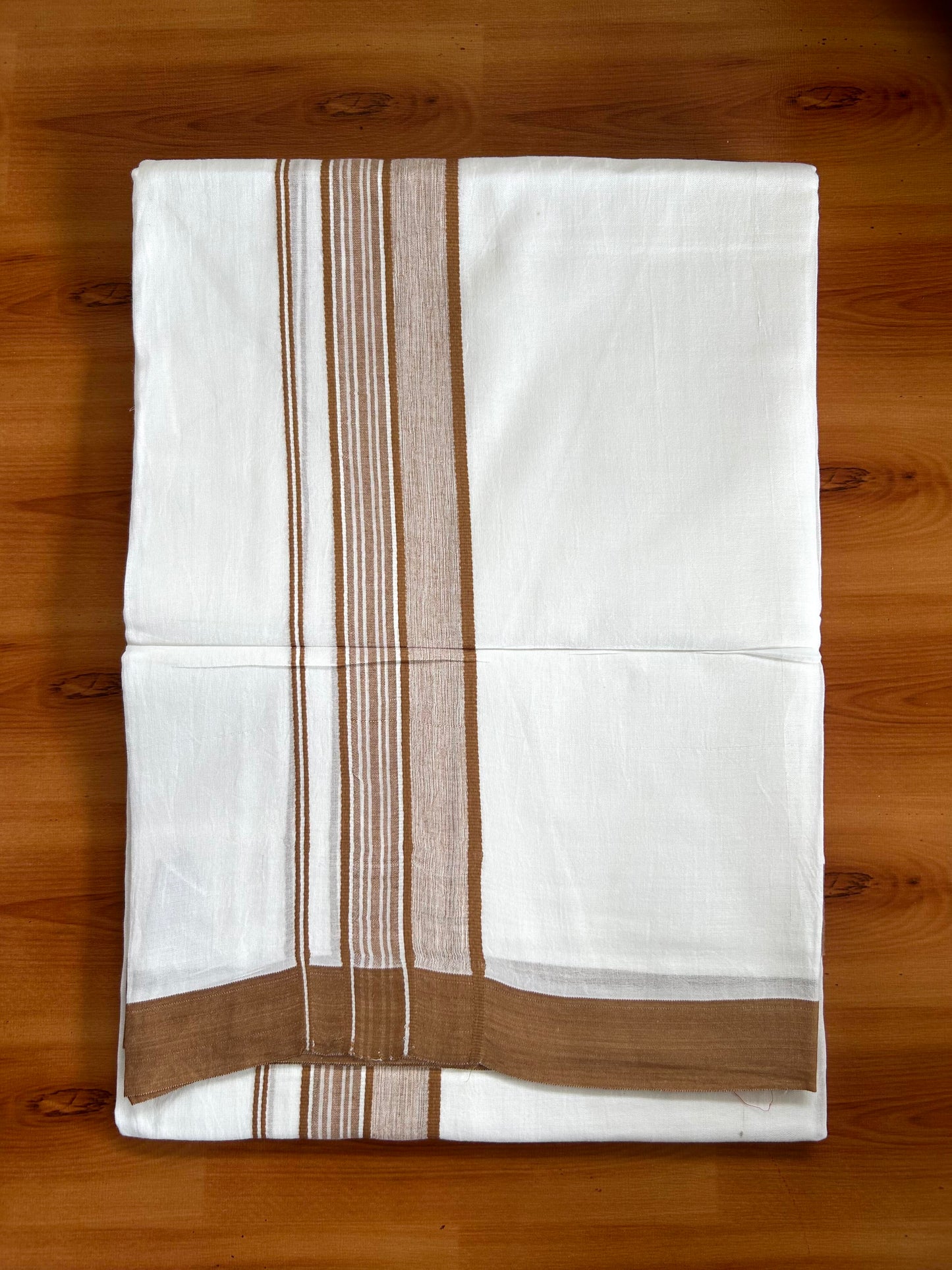 Double Pure White Mundu/Dhoti -20% Discount ! KaithariKada Balaramapuram 100% Cotton - 60s - 1.75 Inch Brownish Orange Shaded Striped Kara - 3.80mtr ( 8 muzham) - 44 KK5398 PMC