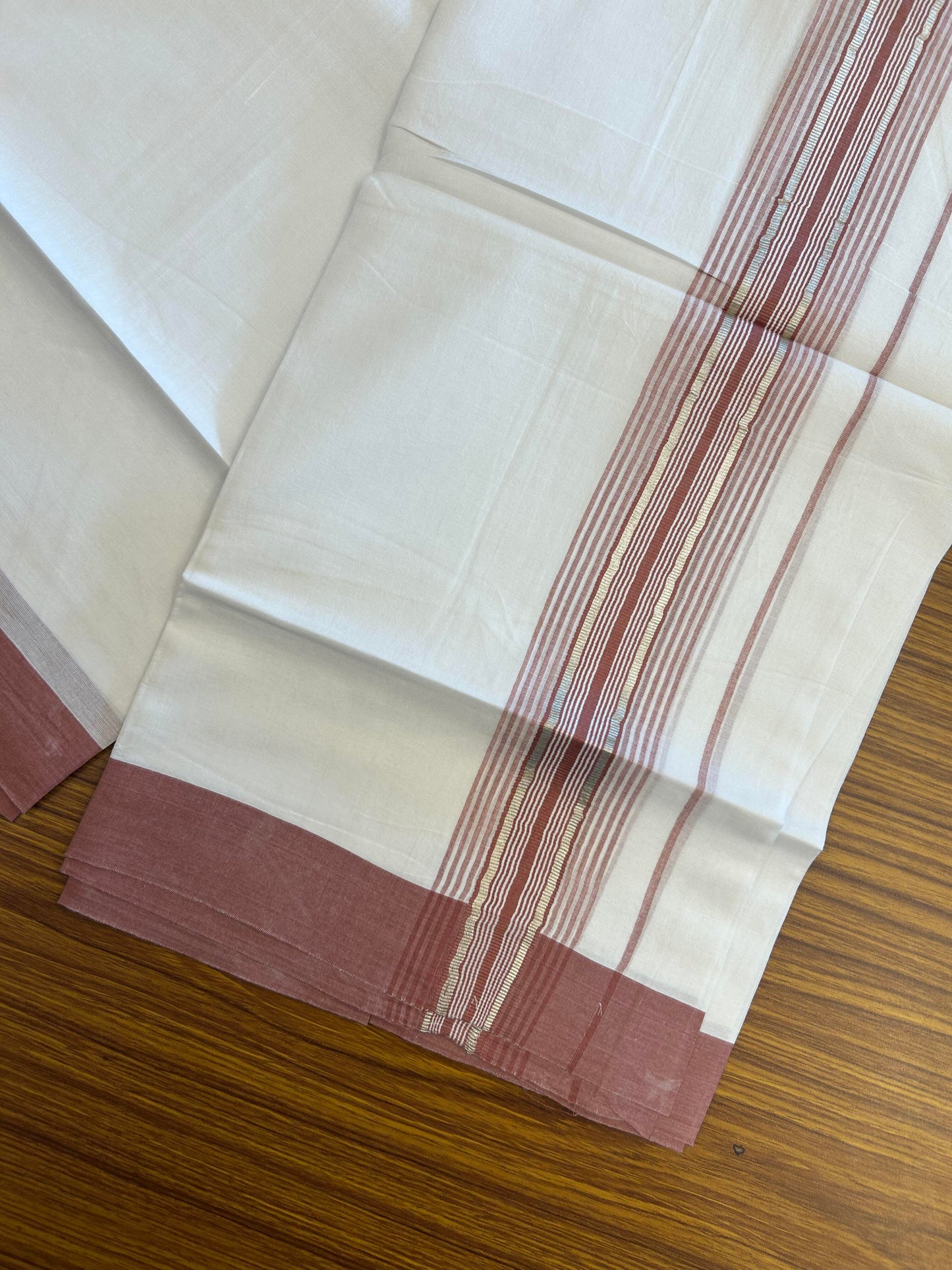 20% Discount ! KaithariKada Balaramapuram 100% Cotton Double Pure White Mundu/Dhoti - 100X80 - 2.25 inch Silver Kasav & Dusty Rose Stripes kara 3.90 mtr (8 muzham) - 3 KK5361 PMC