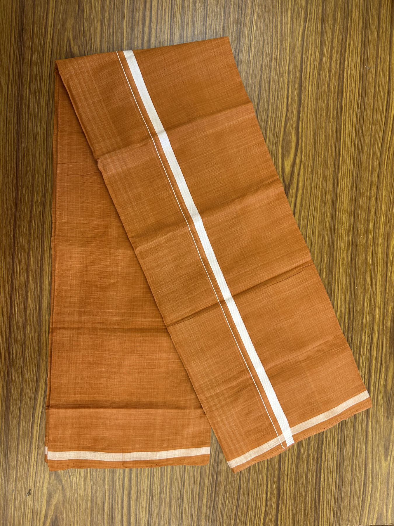 Kerala Handloom Single Hallmarked - 10% Discount !! KaithariKada 100% Pure Cotton - Mundu/Dhoti Burnt Orange Body - 1.5 cm White Kara - (2 meter / 4 muzham) - 40 KK8048 ELA