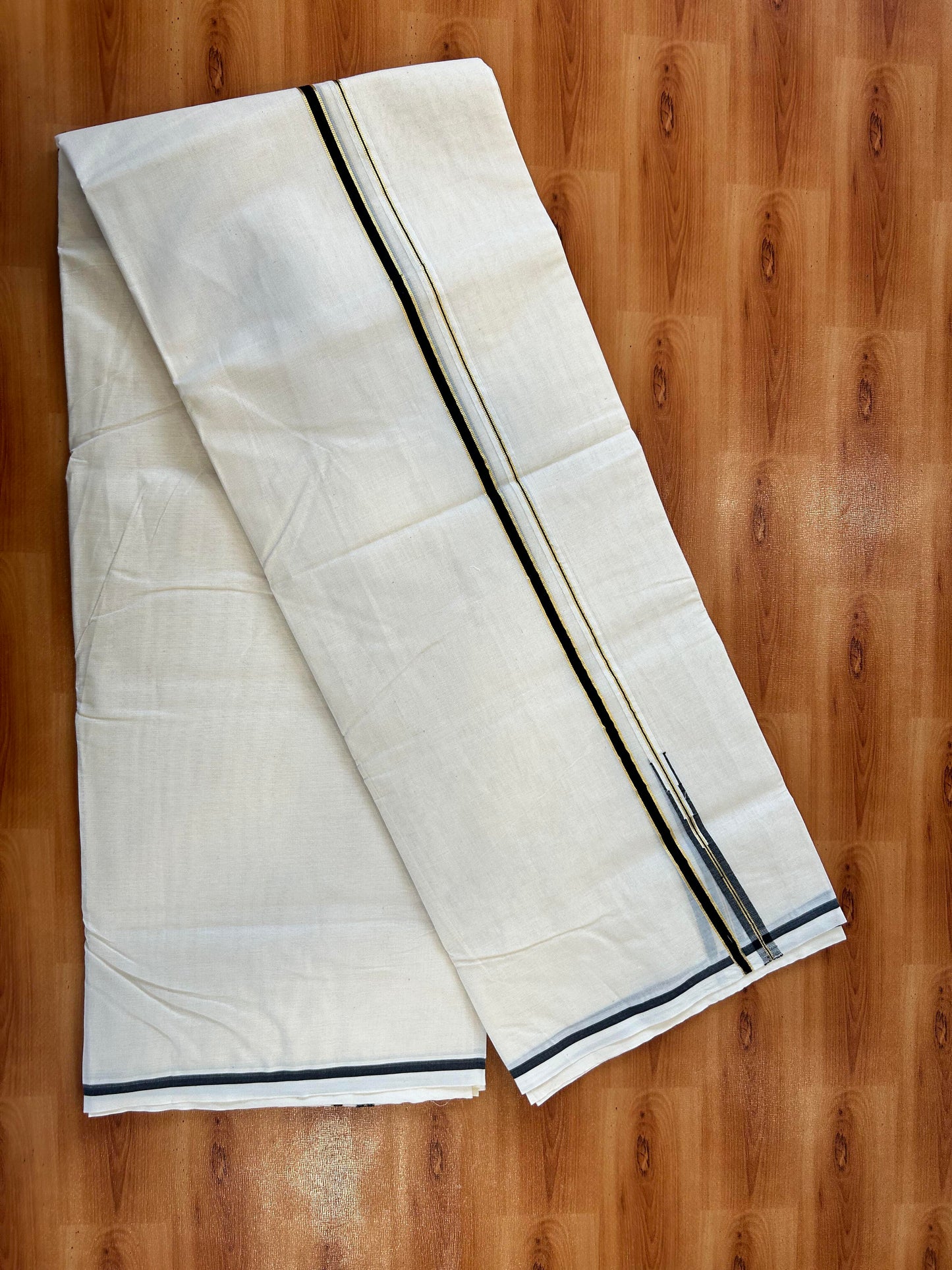 Double Off white Mundu/Dhoti - 20% Discount! KaithariKada 100% Cotton - 100x100 - 1 cm Puliyilakkara Gold Kasav & Black Chutty Kara 4 mtr (8.5 muzham) - 1 KK5450 ASH