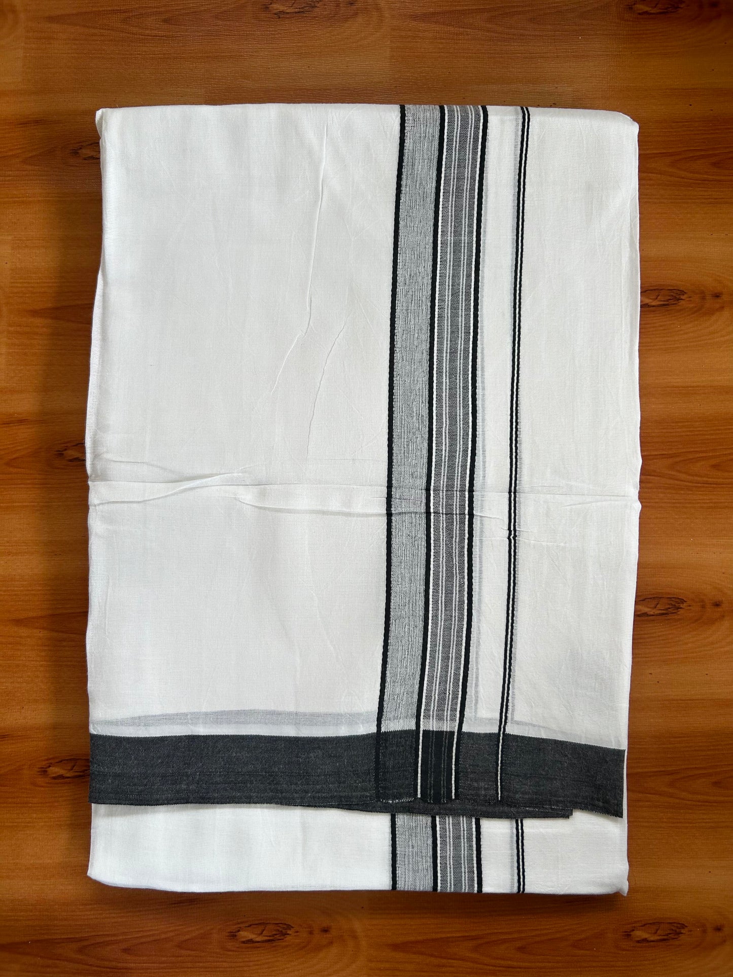Double Pure White Mundu/Dhoti -20% Discount ! KaithariKada Balaramapuram 100% Cotton - 60s - 1.75 Inch Black Shaded Striped Kara - 3.80mtr ( 8 muzham) - 47 KK5398 PMC