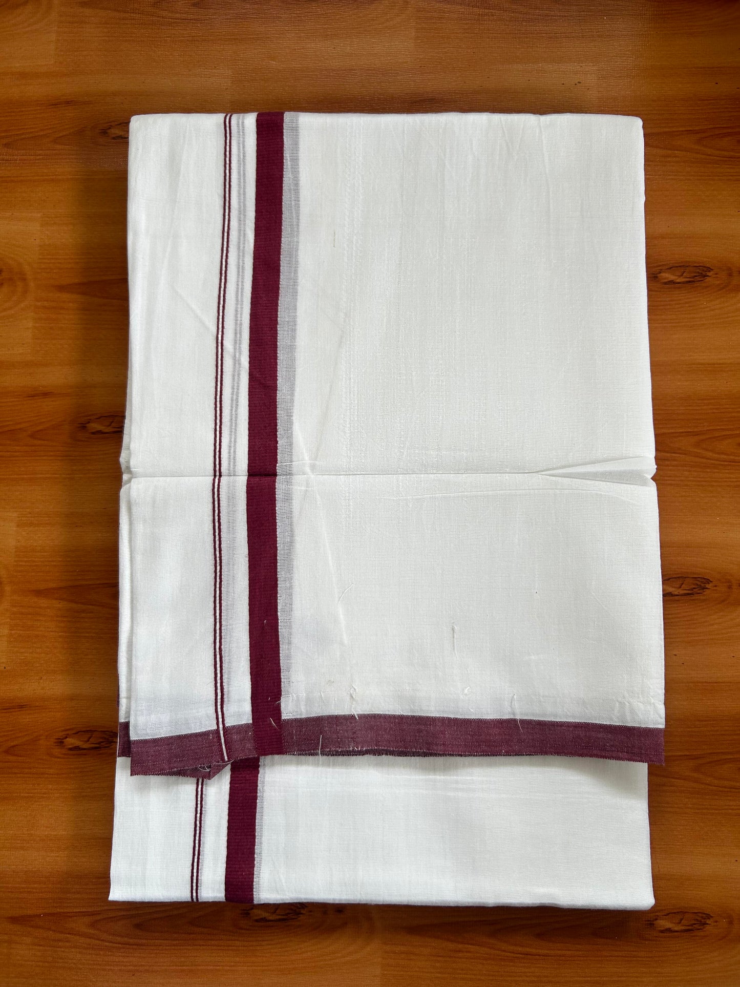 Double Pure White Mundu/Dhoti -20% Discount ! KaithariKada Balaramapuram 100% Cotton - 60s - 0.5 Inch Maroon Shaded Striped Kara - 3.80mtr ( 8 muzham) - 58 KK5398 PMC