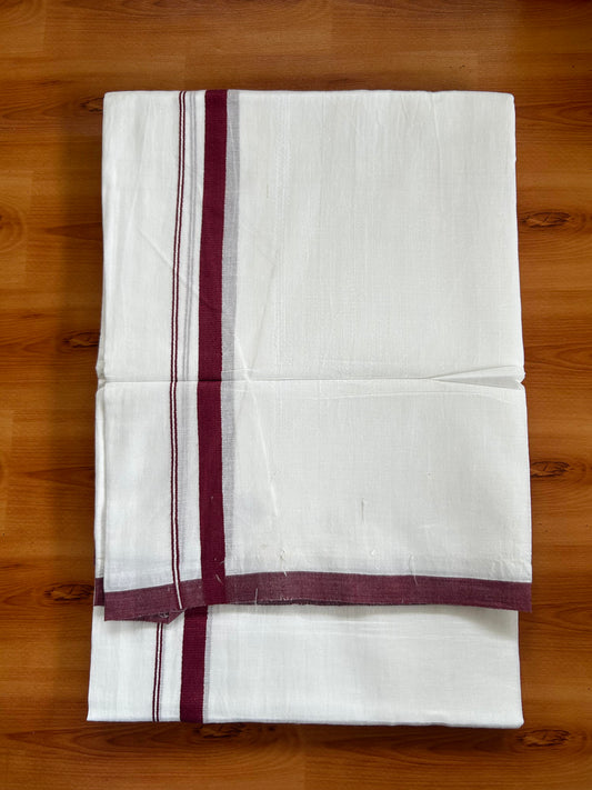 Double Pure White Mundu/Dhoti -20% Discount ! KaithariKada Balaramapuram 100% Cotton - 60s - 0.5 Inch Maroon Shaded Striped Kara - 3.80mtr ( 8 muzham) - 58 KK5398 PMC