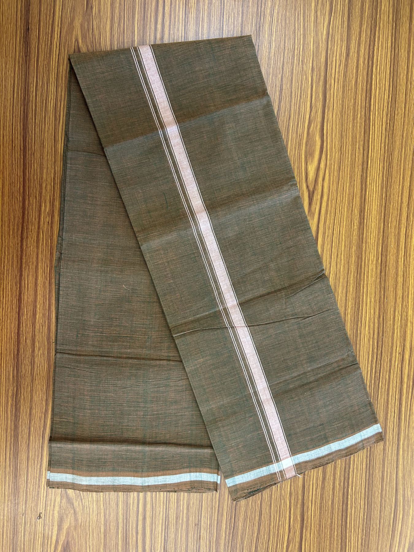 Kerala Handloom Single Hallmarked - 10% Discount !! KaithariKada 100% Pure Cotton - Mundu/Dhoti Brownish Green Body - 2 cm White Stripes Kara - (2 meter / 4 muzham) - 51 KK8048 ELA