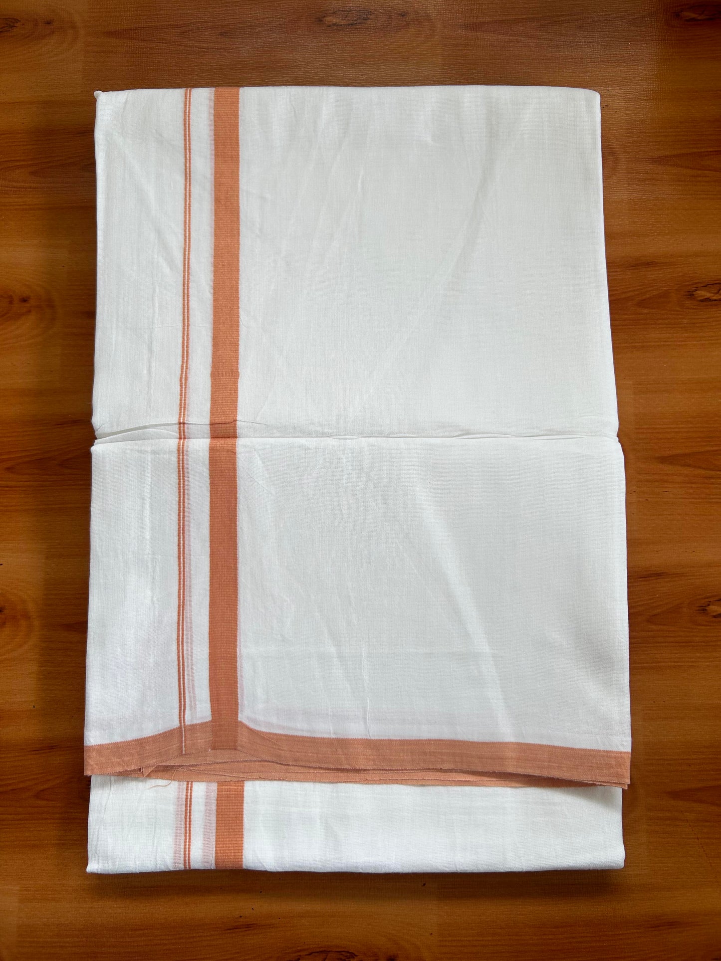 Double Pure White Mundu/Dhoti -20% Discount ! KaithariKada Balaramapuram 100% Cotton - 60s - 0.5 Inch Peach Shaded Striped Kara - 3.80mtr ( 8 muzham) - 61 KK5398 PMC