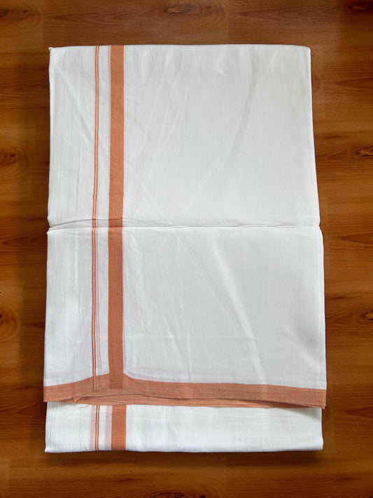Double Pure White Mundu/Dhoti -20% Discount ! KaithariKada Balaramapuram 100% Cotton - 60s - 0.5 Inch Peach Shaded Striped Kara - 3.80mtr ( 8 muzham) - 61 KK5398 PMC