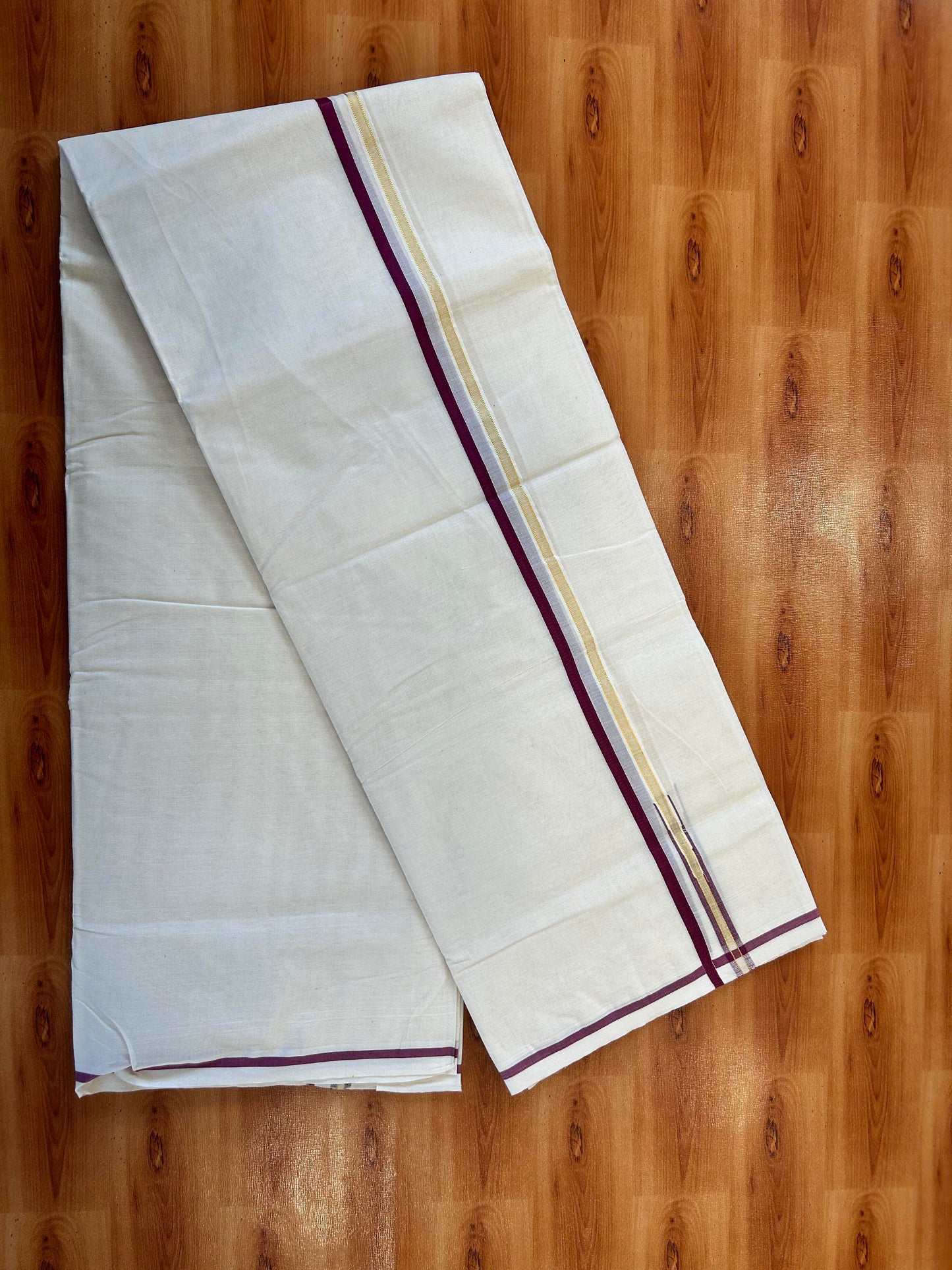 Double Off white Mundu/Dhoti - 20% Discount! KaithariKada 100% Cotton - 100x100 - 1 cm Puliyilakkara Gold Kasav & Magenta Chutty Kara 4 mtr (8.5 muzham) - 2 KK5450 ASH