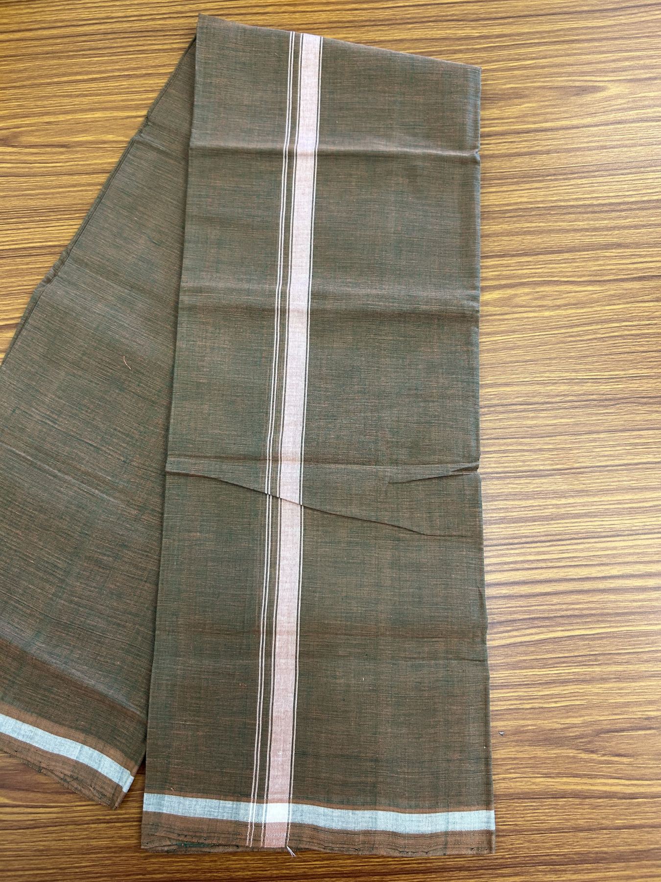 Kerala Handloom Single Hallmarked - 10% Discount !! KaithariKada 100% Pure Cotton - Mundu/Dhoti Brownish Green Body - 2 cm White Stripes Kara - (2 meter / 4 muzham) - 51 KK8048 ELA