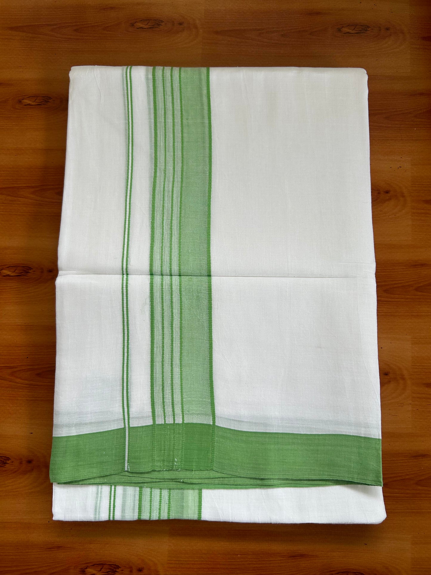 Double Pure White Mundu/Dhoti -20% Discount ! KaithariKada Balaramapuram 100% Cotton - 60s - 1.75 Inch Light Green Shaded Striped Kara - 3.80mtr ( 8 muzham) - 55 KK5398 PMC