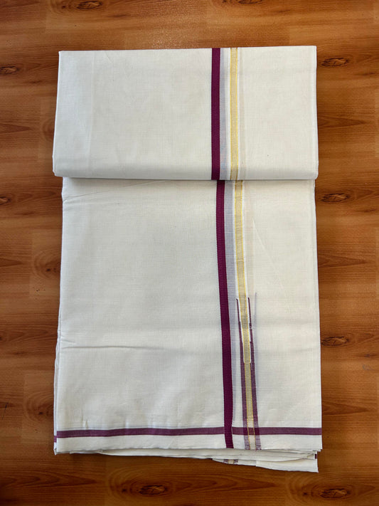 Double Off white Mundu/Dhoti - 20% Discount! KaithariKada 100% Cotton - 100x100 - 1 cm Puliyilakkara Gold Kasav & Magenta Chutty Kara 4 mtr (8.5 muzham) - 2 KK5450 ASH