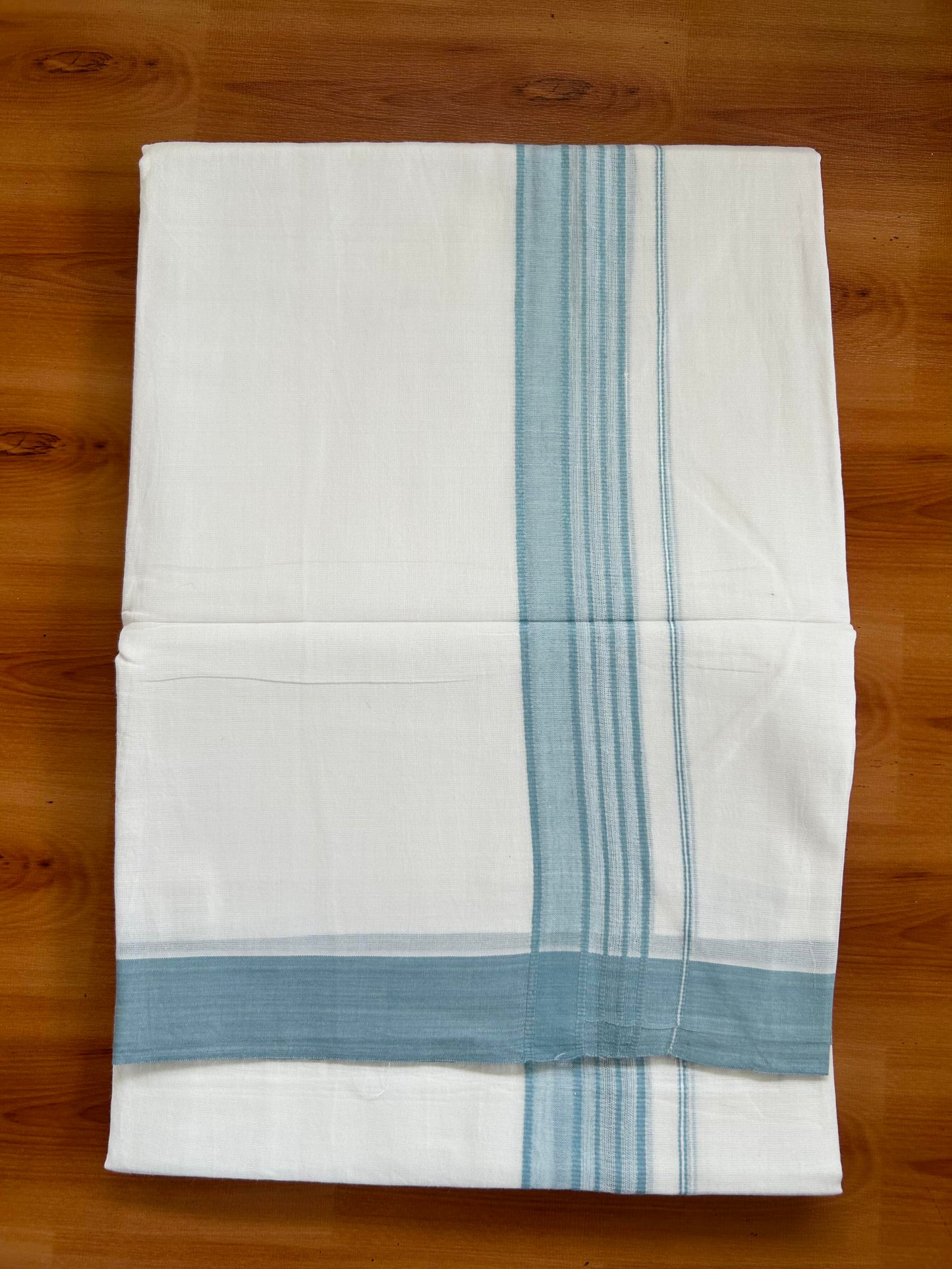 Double Pure White Mundu/Dhoti -20% Discount ! KaithariKada Balaramapuram 100% Cotton - 60s - 1.75 Inch Pastel Blue Shaded Striped Kara - 3.80mtr ( 8 muzham) - 52 KK5398 PMC