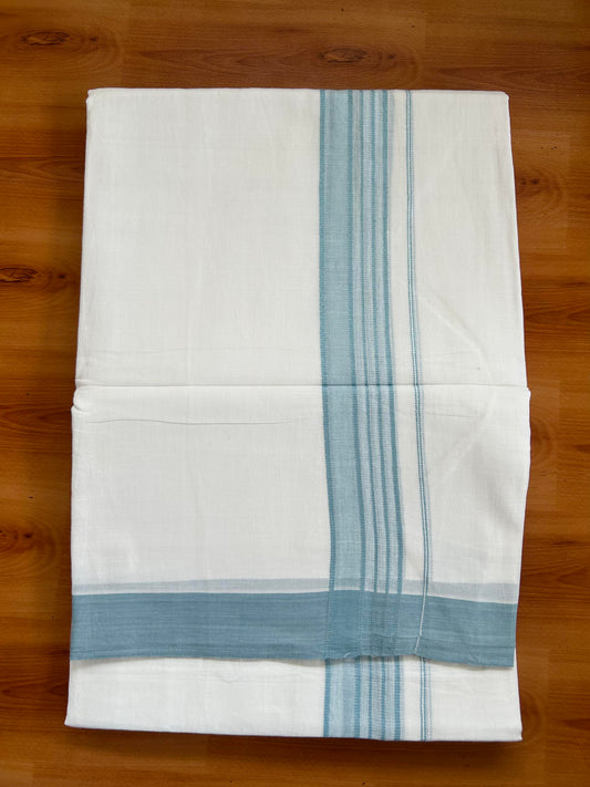 Double Pure White Mundu/Dhoti -20% Discount ! KaithariKada Balaramapuram 100% Cotton - 60s - 1.75 Inch Pastel Blue Shaded Striped Kara - 3.80mtr ( 8 muzham) - 52 KK5398 PMC