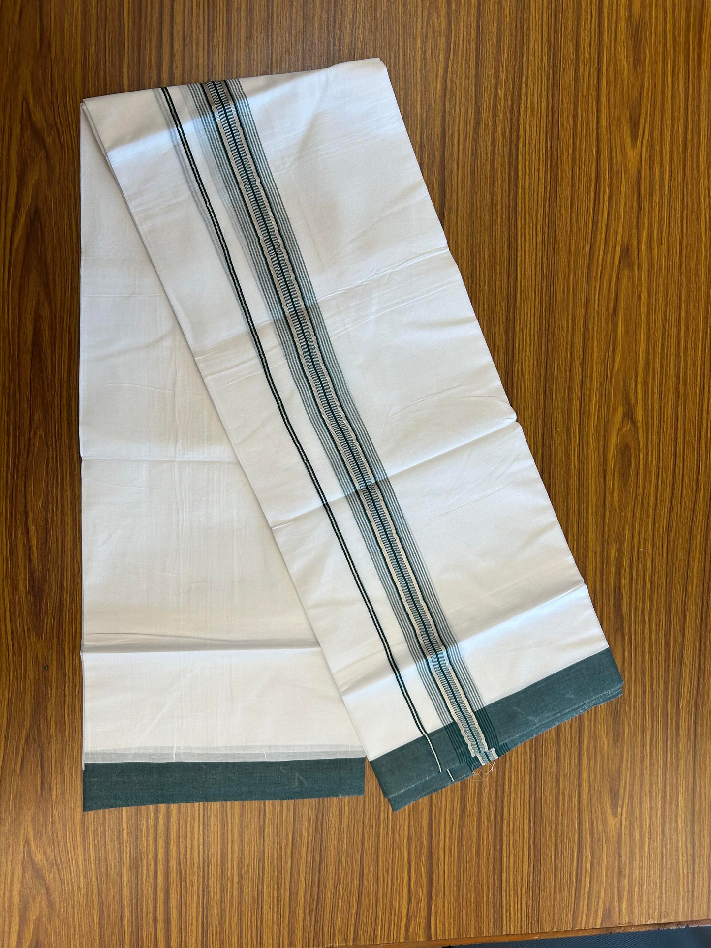 20% Discount ! KaithariKada Balaramapuram 100% Cotton Double Pure White Mundu/Dhoti - 100X80 - 2.25 inch Silver Kasav & Bottle Green Stripes kara 3.90 mtr (8 muzham) - 7 KK5361 PMC